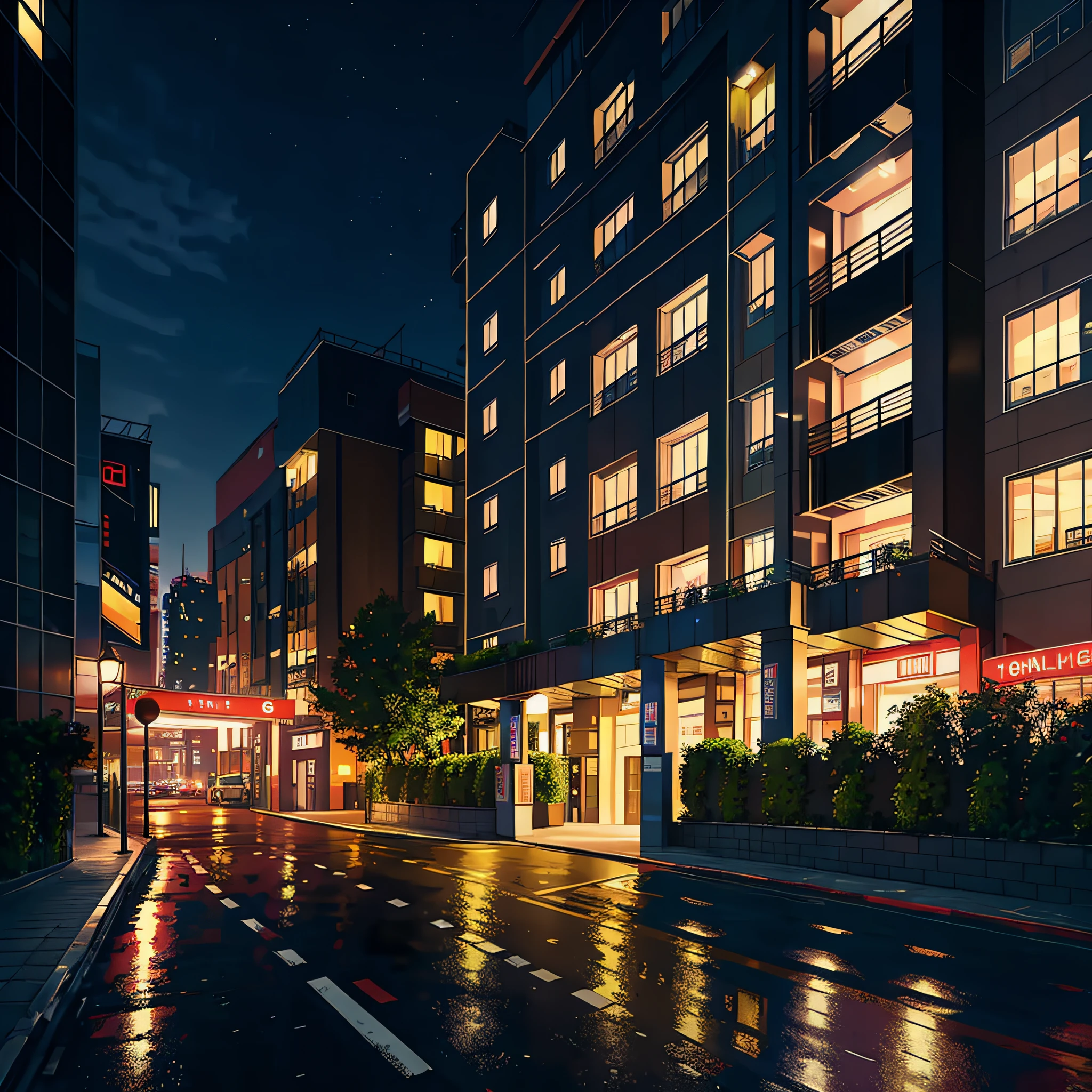 Masterpiece, Best Quality, 8K, Photographic Reality, Realistic, Bustling Tech City Hotel Gate Architecture Night View