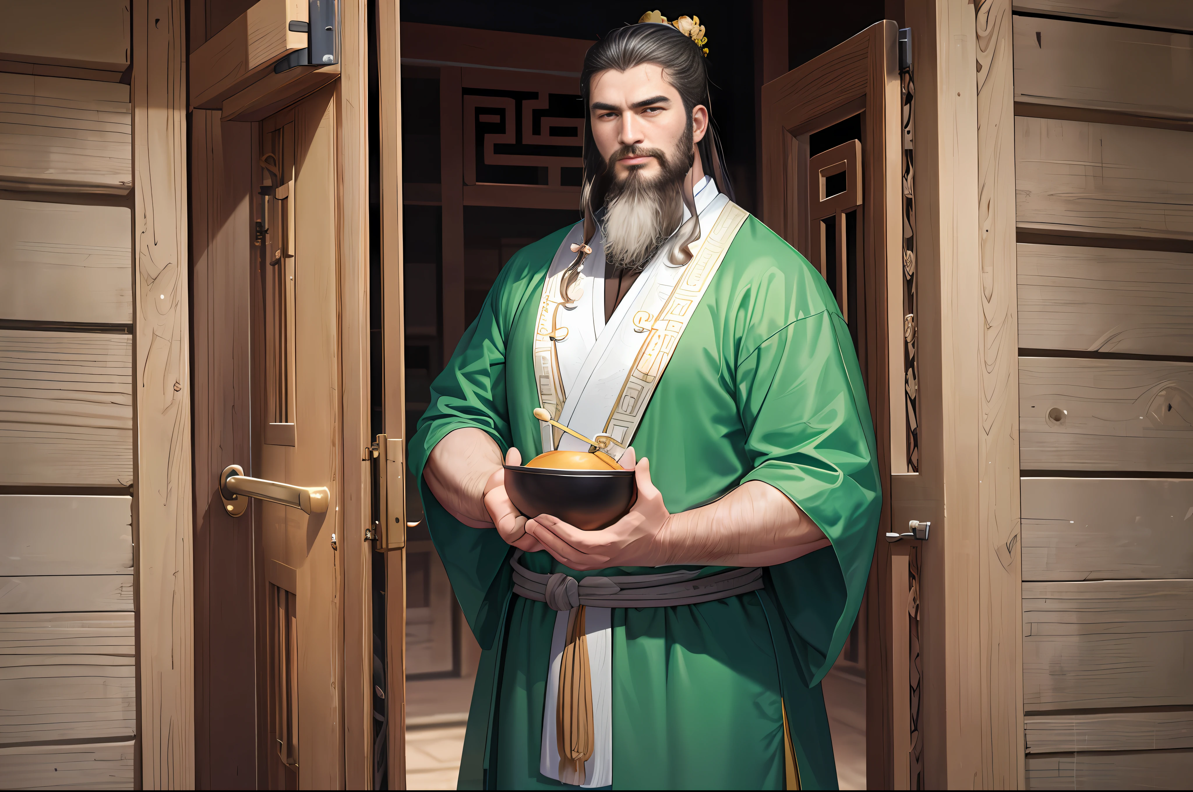 High-definition pictures, ultra-high resolution, clear facial features, super many details A 40-year-old man, tall, burly with clear facial features, ultra-high resolution, standing at the gate of the yard, pushing the door in. Green robes, buns, long thick beards. Chinese ancient style, Chinese martial arts style.
。 4K ultra-clear material.