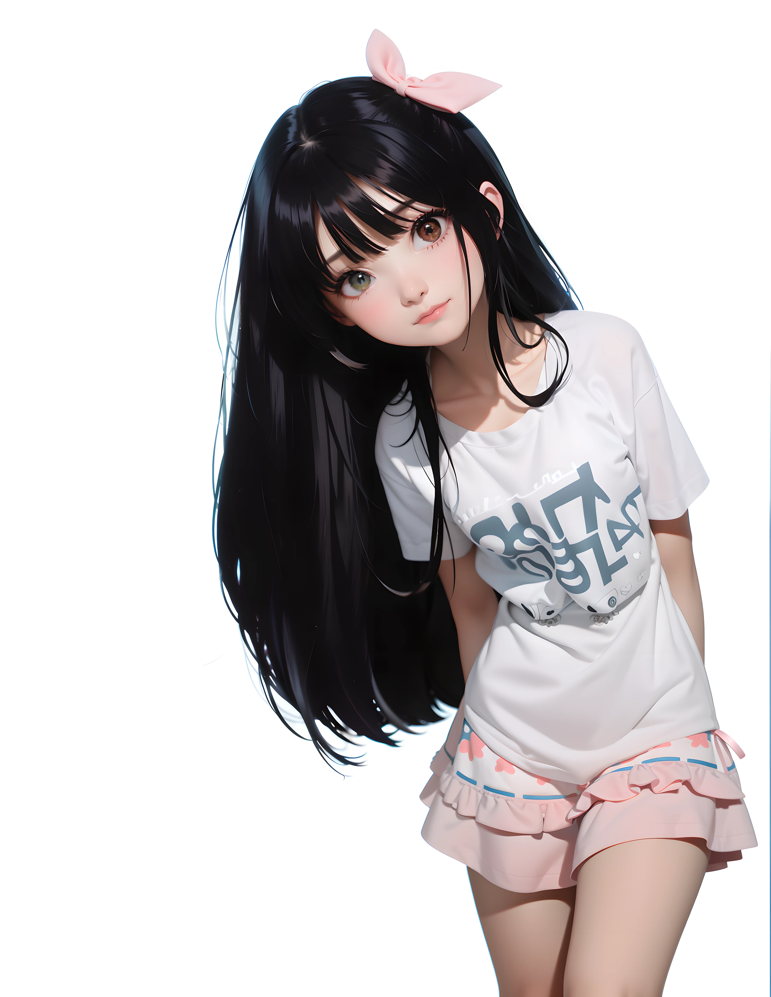 One painting of a girl with black hair and a pink bow, a girl with black hair, a girl with long hair, she has black hair, anime girl with long hair, straight black hair, long black hair, anime style, black hair and big eyes, long black hair, she has black hair bangs, anime style, long black hair, questioning smile, light green dress