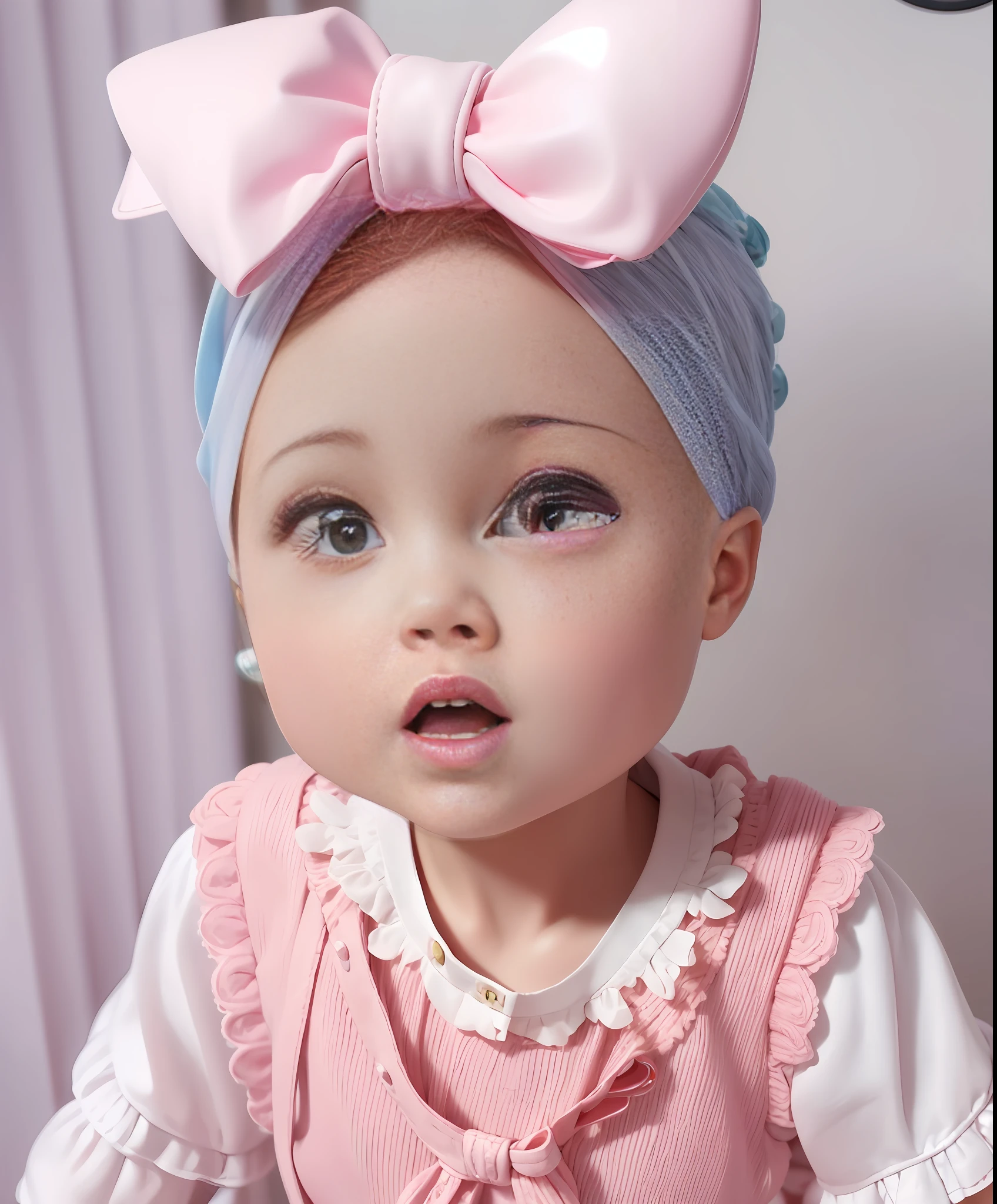 There is a little doll wearing pink bow headband, cute 3d dye, big eyes, upper body, (no hair: 1.3), shiny eyes, open mouth, cute detailed digital art, female explorer mini cute girl, 3d dye stylized, 3d hama dye character art 8k, cute manga style 3d, super detailed dye