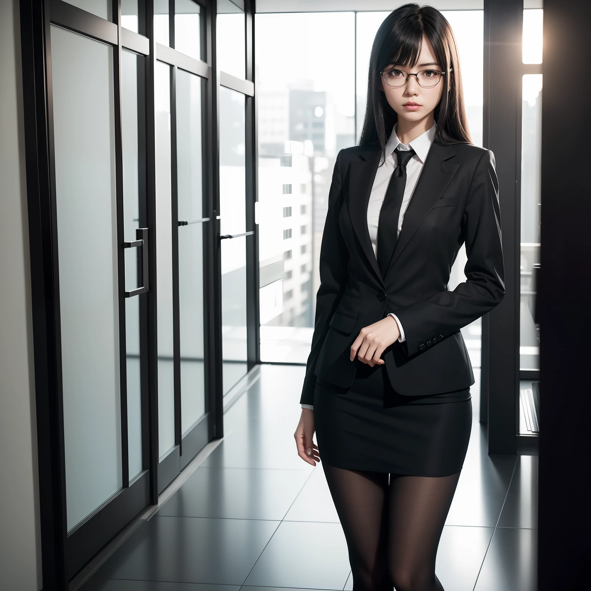Absolutely 1 Woman,1 Girl,Alone,Solo,Standing,Knee Spread,Raw Photo, Candid, Narrow Eyes,Full Body,Black Pantyhose,Textured Skin,,Office Lady,Suit,Bangs About Eyebrows,(Medium Hair:1.2),Looking Viewer,Raw Photo,Pale Skin,Japan People,Glasses,Small,Young, Tall, Dark Expression,Bright Black Eyes,Anger, Slender Body, Medium Build, Small Waist , Wide Thighs, Photorealistic, Best Quality, 8K, Masterpiece