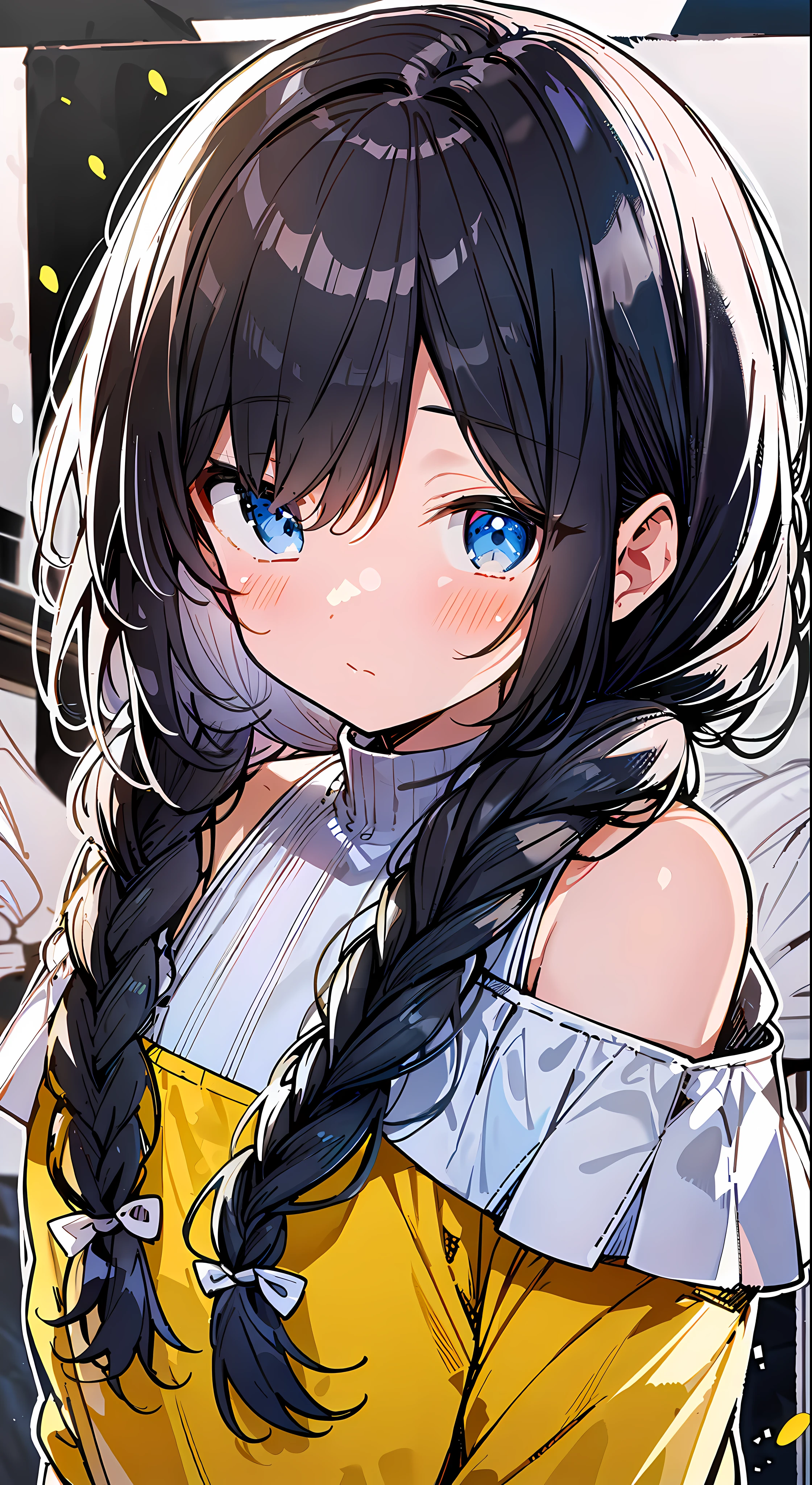 Top Quality, Masterpiece, Ultra High Resolution, 8k, Yellow Sweater, Anime Style Little Loli, Single, Ultra Detailed Line Art, Digital Enhancement, Anime Core, Flowing Fabric, Close Up, ((Hair length to shoulder mouth and short braid)), staring at me from the front, Soft drawing, Beautiful black hair, Looks really weak, Clear eyes, Spring riverbed