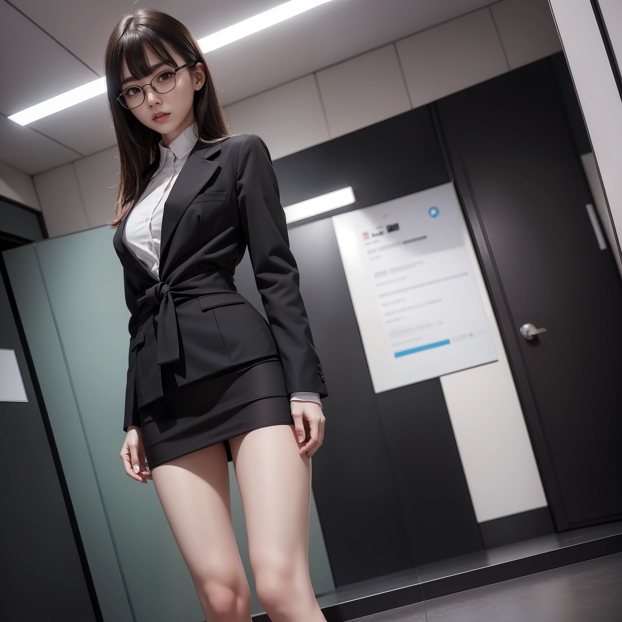 Absolutely 1 Woman,1 Girl,Alone,Solo,Standing,Knee Spread,Raw Photo, Candid, Narrow Eyes,Full Body,Black Pantyhose,Textured Skin,,Office Lady,Suit,Bangs About Eyebrows,(Medium Hair:1.2),Looking Viewer,Raw Photo,Pale Skin,Japan People,Glasses,Small,Young, Tall, Dark Expression,Bright Black Eyes,Anger, Slender Body, Medium Build, Small Waist , Wide Thighs, Photorealistic, Best Quality, 8K, Masterpiece