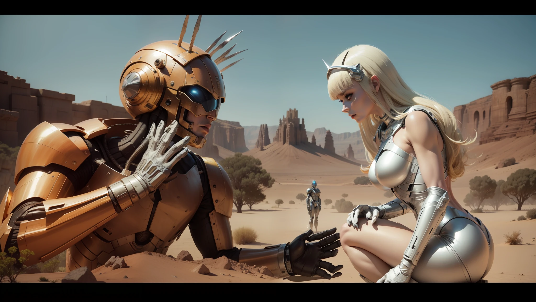 blond woman in silver outfit kneeling next to a giant alien, still from a music video, movie still of aztec cyborg, die antwoord music video, from a 2 0 1 9 sci fi 8 k movie, kylie minogue as barbarella, yoshimi versus the evil robots, love death and robots, love death + robots, movie still of a alien cyborg --auto --s2