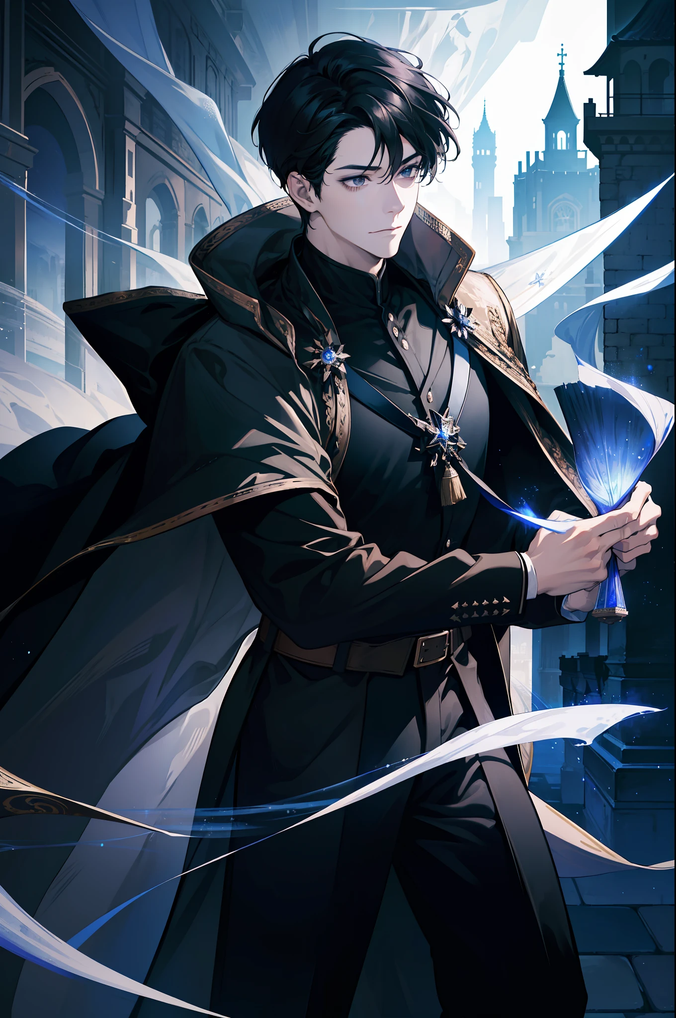 (absurd, highres, ultra detailed), 1 male, adult, handsome, high muscular face, broad shoulders, finely detailed eyes, short black hair, brown eyes, black robe, castle, room with candles, pond, natural light and shadow, There are bright particles flying around the man, fantastic, mysterious, bright glow, (Dutch angle), closed mouth