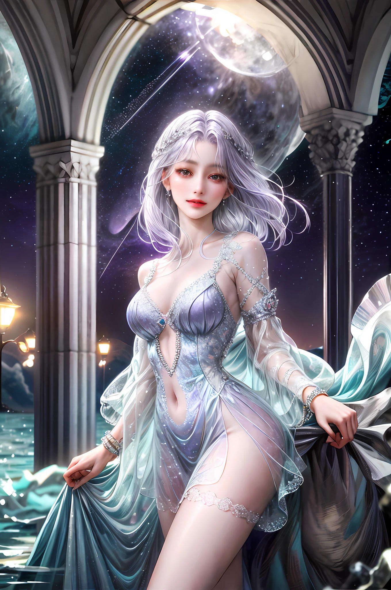 Zodiac-scorpio goddess , similar to latin goodness , cute but sexy face , purple-silver hair , transparent dress , in the ocean with moonlight , whole body ,