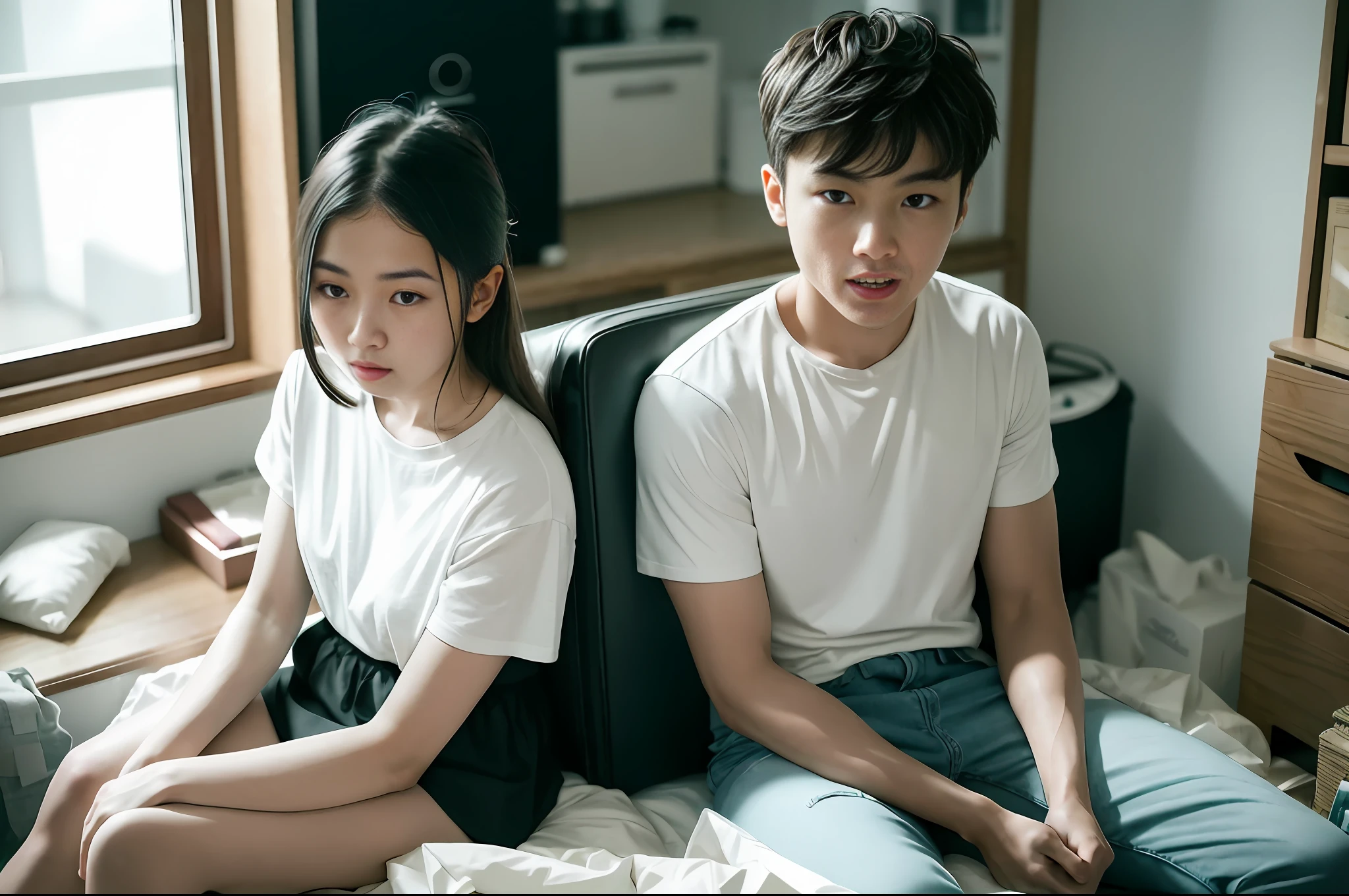 photograph from 2018s China: a young couple in their 20s, dressed in white, stands in their home, displaying a range of emotions including laughter and tears. Behind them is a backdrop of a cluttered living space filled with white plastic trash bags and torn white paper rolls. Captured with a film camera, Fujifilm, and Kodak rolls, the image conveys a strong cinematic and grainy texture. This artwork uniquely documents the complex emotions and living conditions faced by the young people of that era.