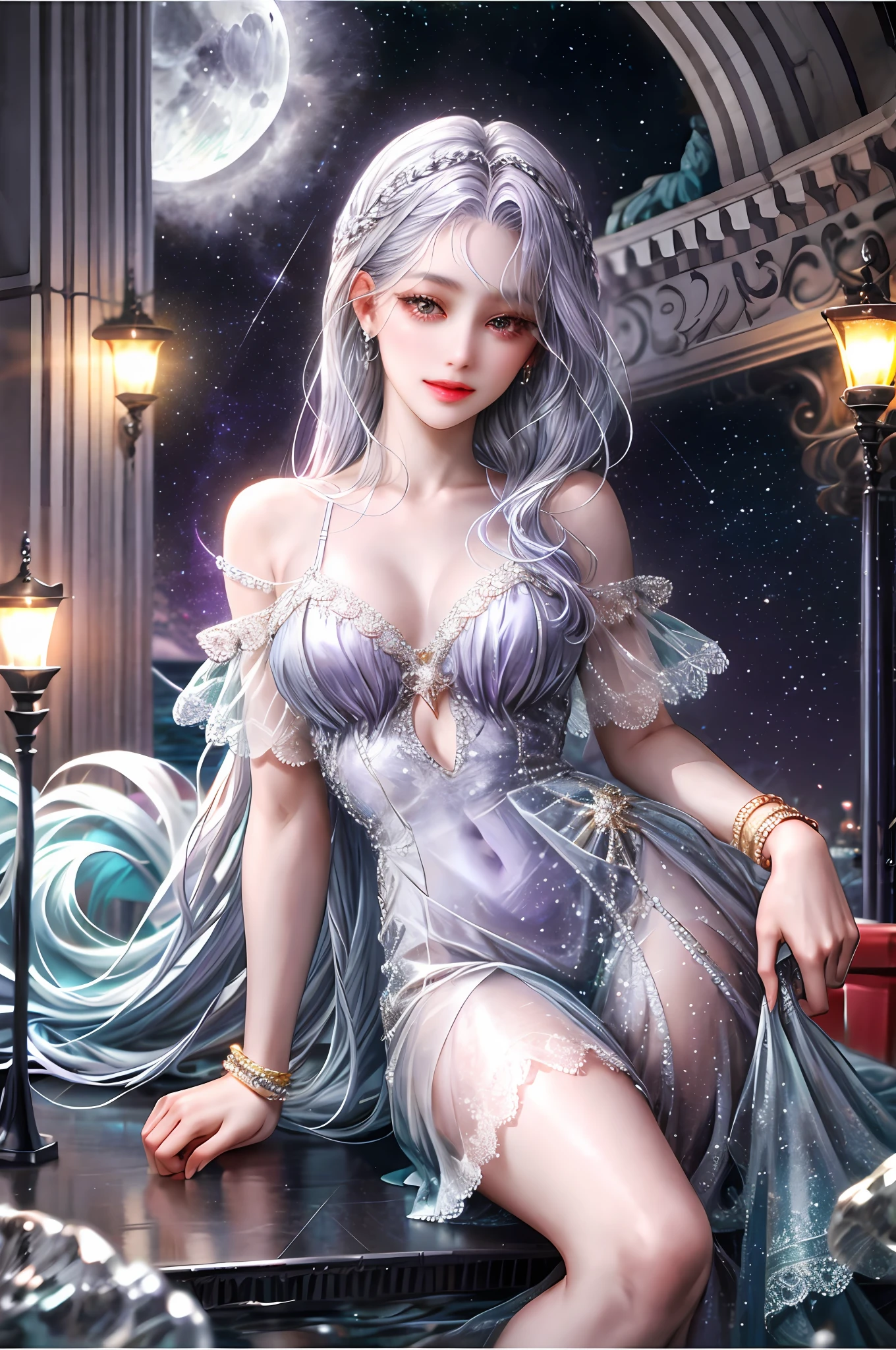 Zodiac-scorpio goddess , similar to latin goodness , cute but sexy face , purple-silver hair , transparent dress , in the ocean with moonlight , whole body ,
