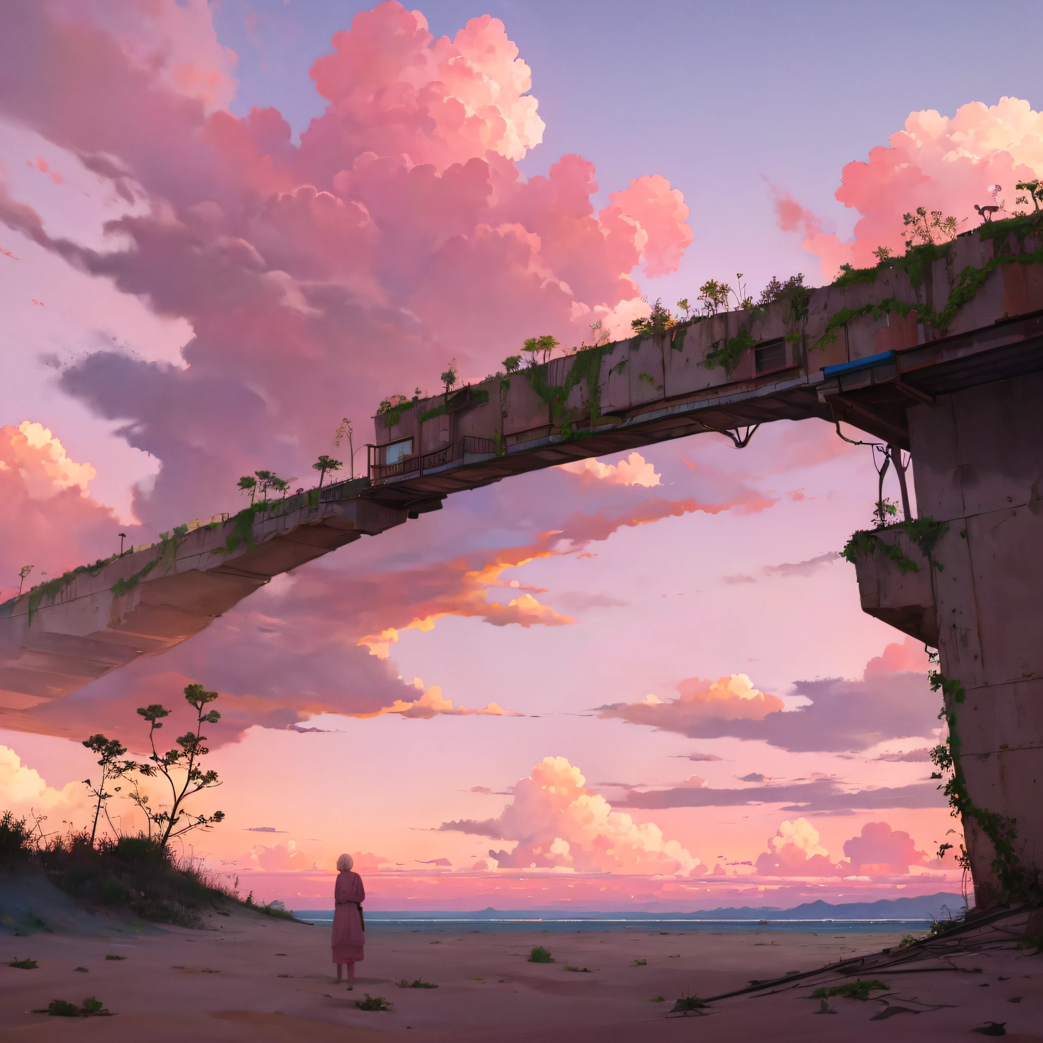 Summer, desert, sea, ((no house)), pink clouds, a land overgrown with roses, James Gurney, art station rendering, ultra-wide lens, high definition