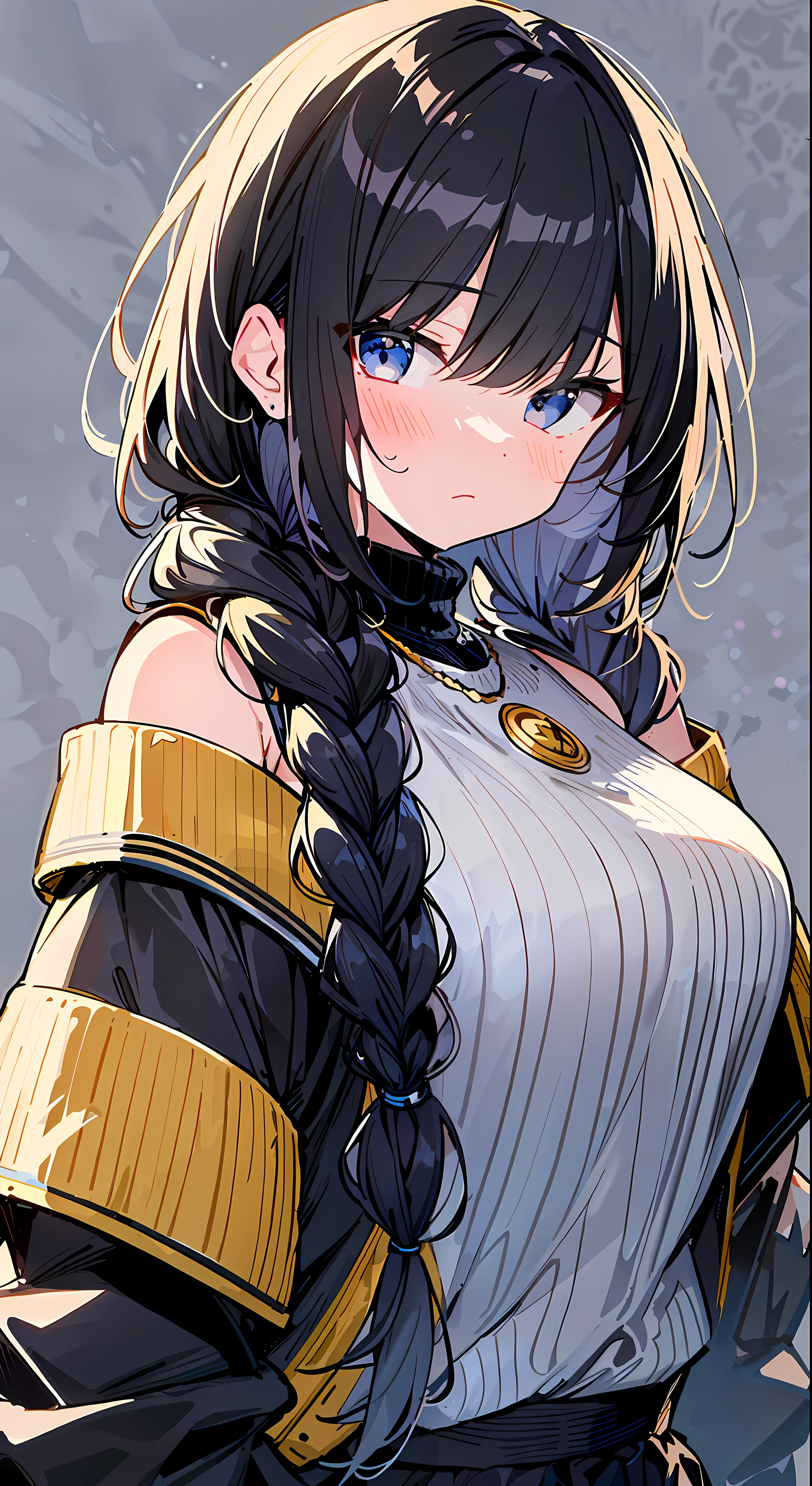 Top Quality, Masterpiece, Ultra High Definition, 8k, Yellow Sweater, Anime Style Little , Single, Ultra Detailed Line Art, Digital Enhancement, Anime Core, Flowing Fabric, Close Up, ((Hair length to shoulder mouth and short braid)), staring at me from the front, Soft drawing, Beautiful black hair, Looks really weak, Crisp eyes, Spring Park