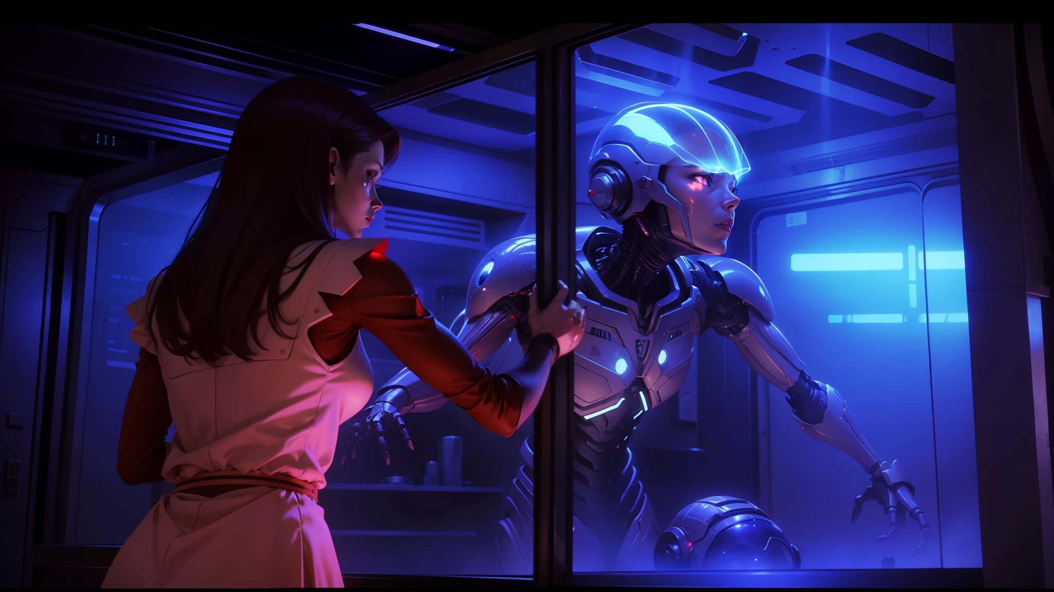 arafed woman in a dress looking at a large alien in a glass case, movie still of a alien cyborg, movie still of the alien girl, in the movie lifeforce (1985), still from the movie terminator, 1 9 8 6 movie screenshot, synthwave image, 1 9 8 0 s cgi, movie still of robot evangelion --auto --s2