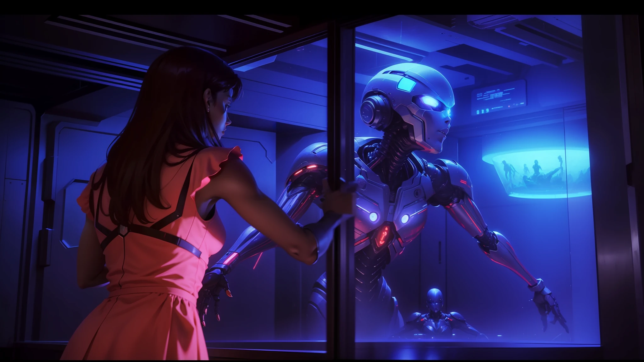 arafed woman in a dress looking at a large alien in a glass case, movie still of a alien cyborg, movie still of the alien girl, in the movie lifeforce (1985), still from the movie terminator, 1 9 8 6 movie screenshot, synthwave image, 1 9 8 0 s cgi, movie still of robot evangelion --auto --s2