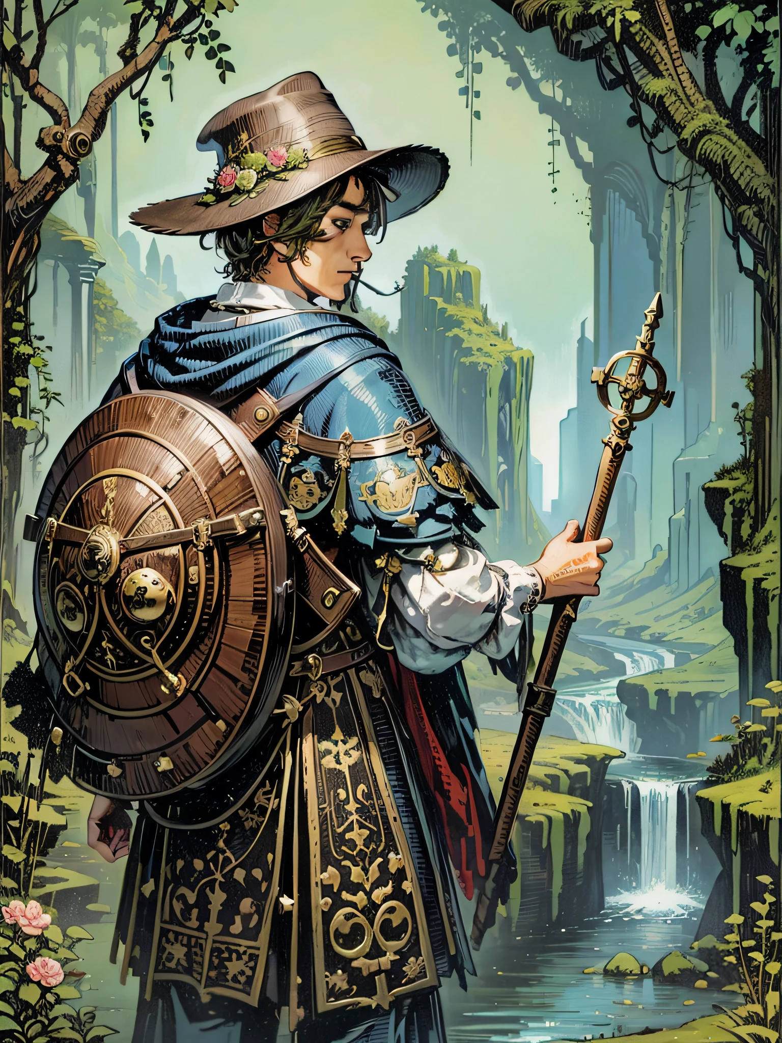 (Masterpiece, Masterpiece), Tarot Cards, Cards, Number 0, Fool, Male in Hat, Wooden Stick in Hand, Bag on Back, Standing in Front of a Cliff, 8K, Intricate Details, (Digital Art Works), Watermark
