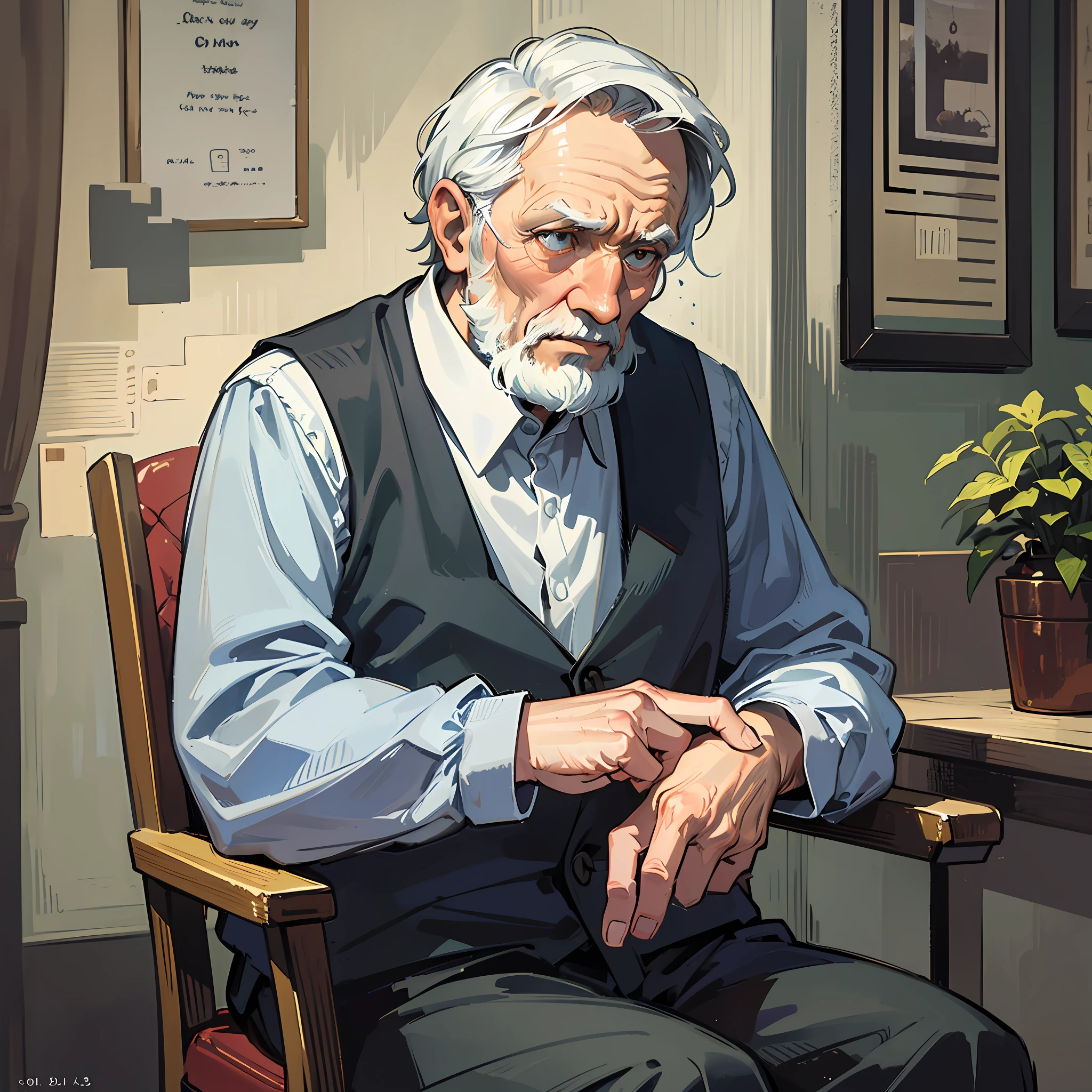 This artwork depicts an old man sitting in a chair late at night telling a story. The background of the picture is darkness, and only the old man and the object of his story are depicted. The old man sits in a comfortable chair and looks serene, but the story he tells may be full of mystery and eerie.

The atmosphere of the picture is quiet and mysterious, giving a feeling of tension and unease. The facial expressions of the old man and the person he tells the story may be very focused, or full of wonder and fear. The tone of the picture may be dull to accentuate the late-night atmosphere