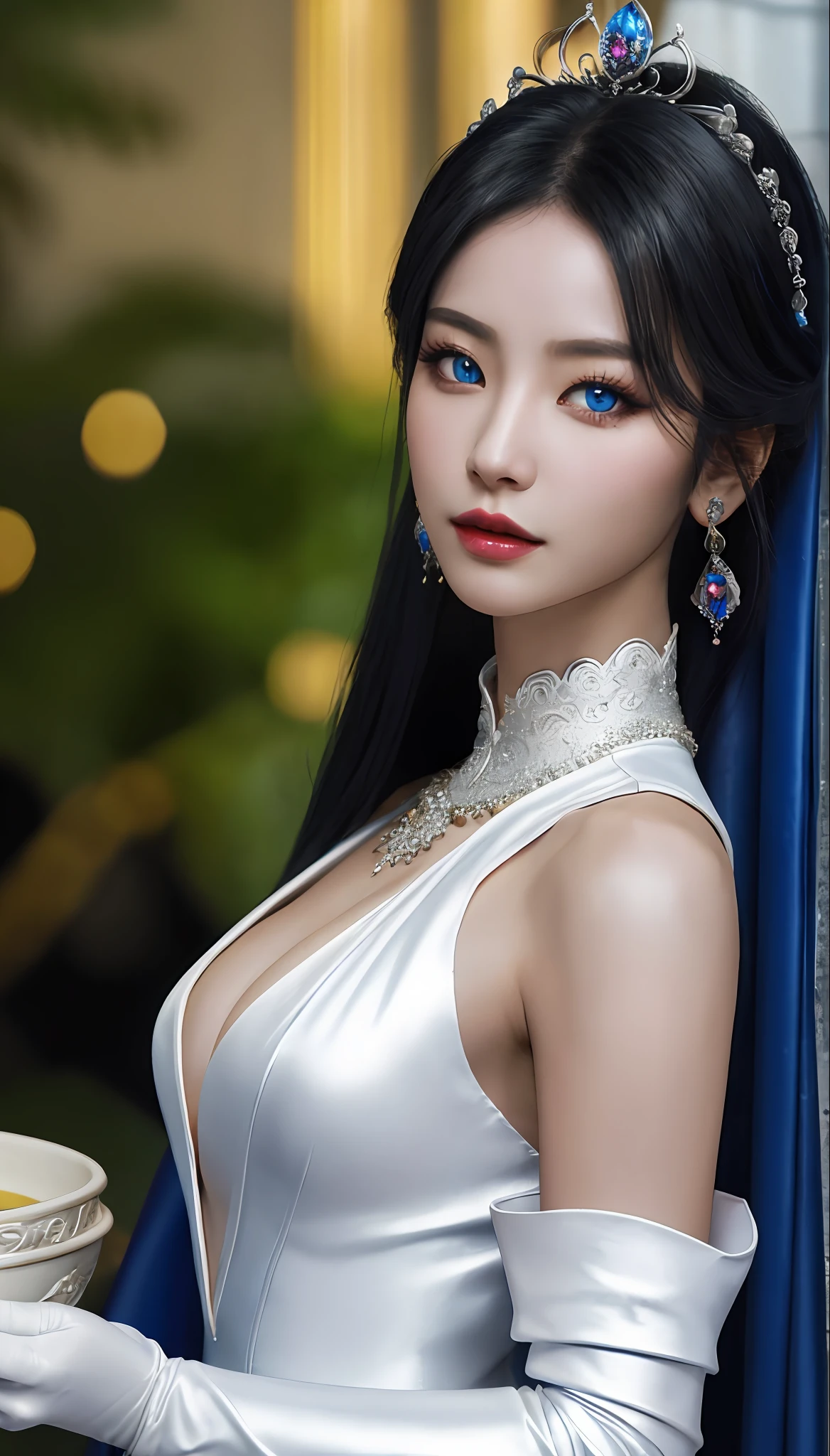 The Dragon Empress (1 woman, long black hair, blue eyes, white skin, medium breasts, makeup, lots of shine, dark eyelashes, dark shadow, perfect nose), old Korea, priestly temples, shoulders showing dress, neckline, long earring, masterpiece, best quality, 8k, sharp focus, chromatic aberration, best shadows, perfect lights, HDR, realistic skin texture, hyper detailed background, photorealistic, RAW photo, Bright body, insanely detailed, sexy lewd, ecchi: 1.5, royal tiara, long gloves