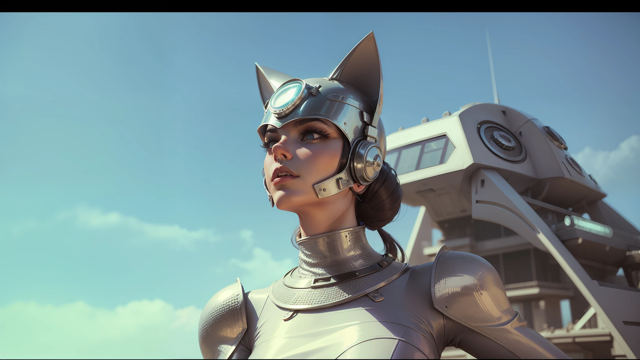 a close up of a woman in a costume with a cat mask, style = retro-futurism, retro futuristic fashion, as a retro futuristic heroine, still from a music video, high fashion superpowers, as a retrofuturistic heroine, futuristic sci-fi fashion, retro futurism style, futuristic clothing and helmet, anthropomorphic female cat, “ femme on a galactic shore --auto --s2