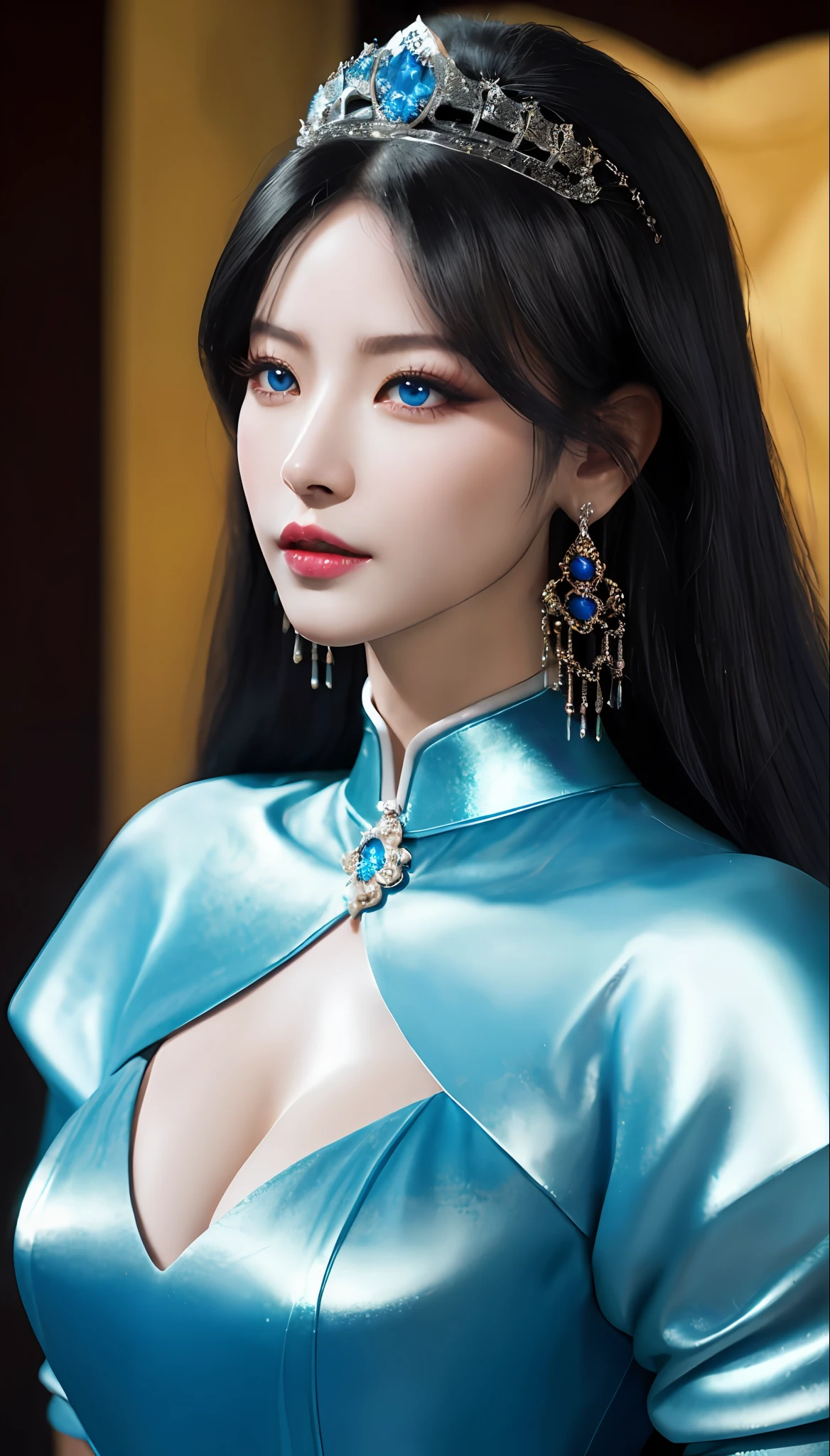 The Dragon Empress (1 woman, long black hair, blue eyes, white skin, medium breasts, makeup, lots of shine, dark eyelashes, dark shadow, perfect nose), old Korea, priestly temples, shoulders showing dress, neckline, long earring, masterpiece, best quality, 8k, sharp focus, chromatic aberration, best shadows, perfect lights, HDR, realistic skin texture, hyper detailed background, photorealistic, RAW photo, Bright body, insanely detailed, sexy lewd, ecchi: 1.5, royal tiara, long gloves