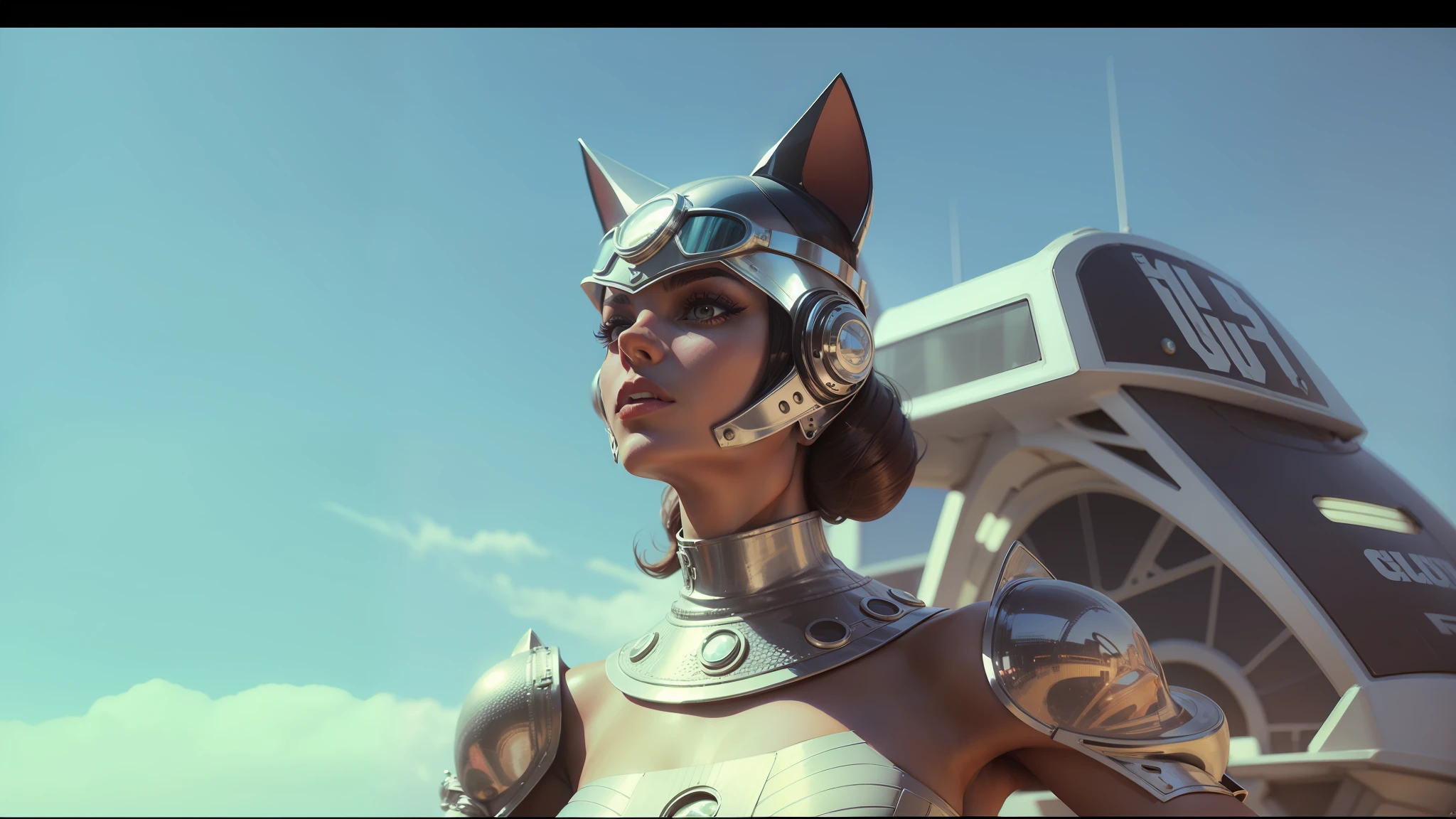a close up of a woman in a costume with a cat mask, style = retro-futurism, retro futuristic fashion, as a retro futuristic heroine, still from a music video, high fashion superpowers, as a retrofuturistic heroine, futuristic sci-fi fashion, retro futurism style, futuristic clothing and helmet, anthropomorphic female cat, “ femme on a galactic shore --auto --s2