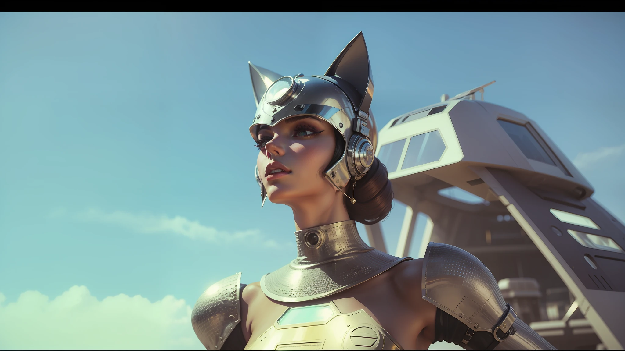 a close up of a woman in a costume with a cat mask, style = retro-futurism, retro futuristic fashion, as a retro futuristic heroine, still from a music video, high fashion superpowers, as a retrofuturistic heroine, futuristic sci-fi fashion, retro futurism style, futuristic clothing and helmet, anthropomorphic female cat, “ femme on a galactic shore --auto --s2