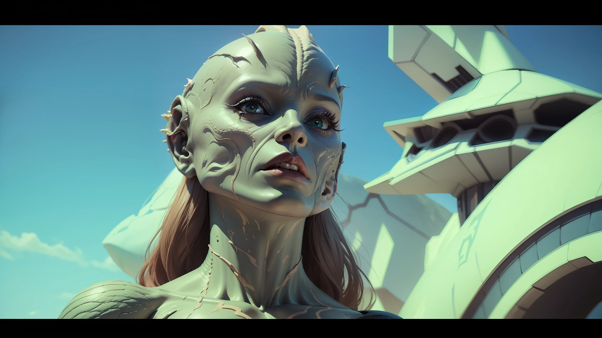 a close up of a person with a body painted like a creature, movie still of the alien girl, movie still of a alien cyborg, die antwoord music video, from a 2 0 1 9 sci fi 8 k movie, eve online movie still, reptilian space alien, female alien, frame from prometheus movie, highly detailed surreal vfx --auto --s2