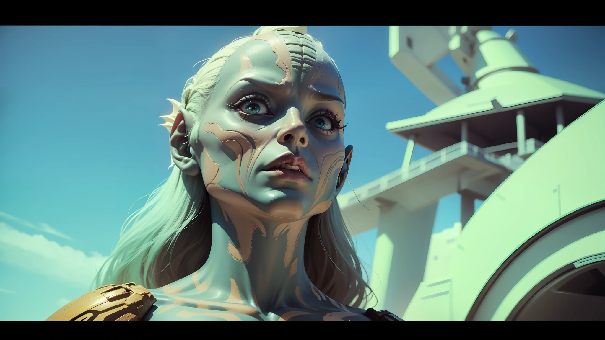 a close up of a person with a body painted like a creature, movie still of the alien girl, movie still of a alien cyborg, die antwoord music video, from a 2 0 1 9 sci fi 8 k movie, eve online movie still, reptilian space alien, female alien, frame from prometheus movie, highly detailed surreal vfx --auto --s2