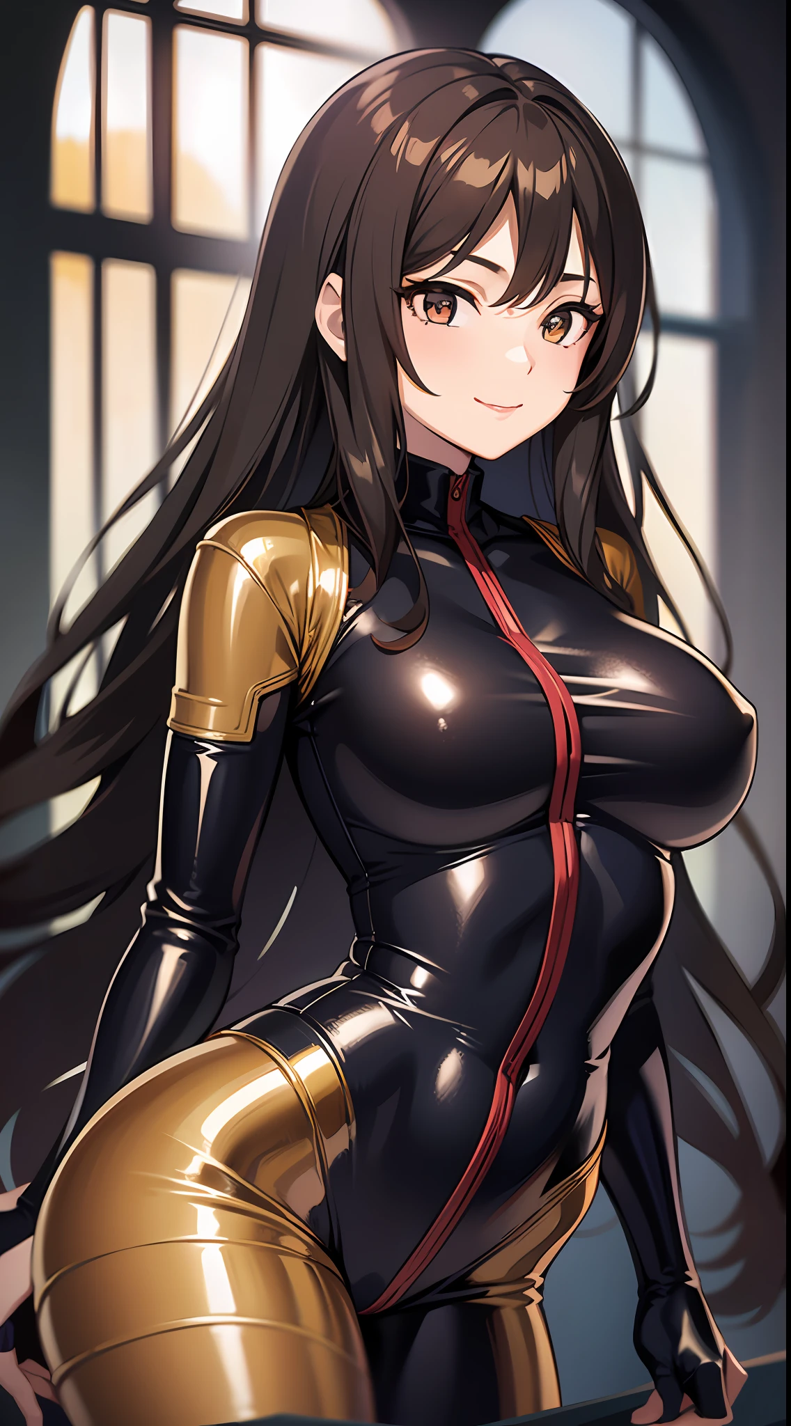 1girl, masterpiece, best quality, medium full shot, brown long hair, (full bodysuit), busty, ((sexy body, erotic pose)), standing, crotch, smiling