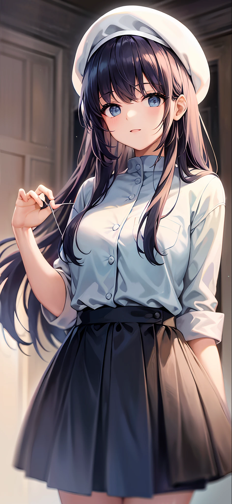 Tall girl wearing light blue casual clothes, white berets, long black hair, and hairpins pinned to her head.