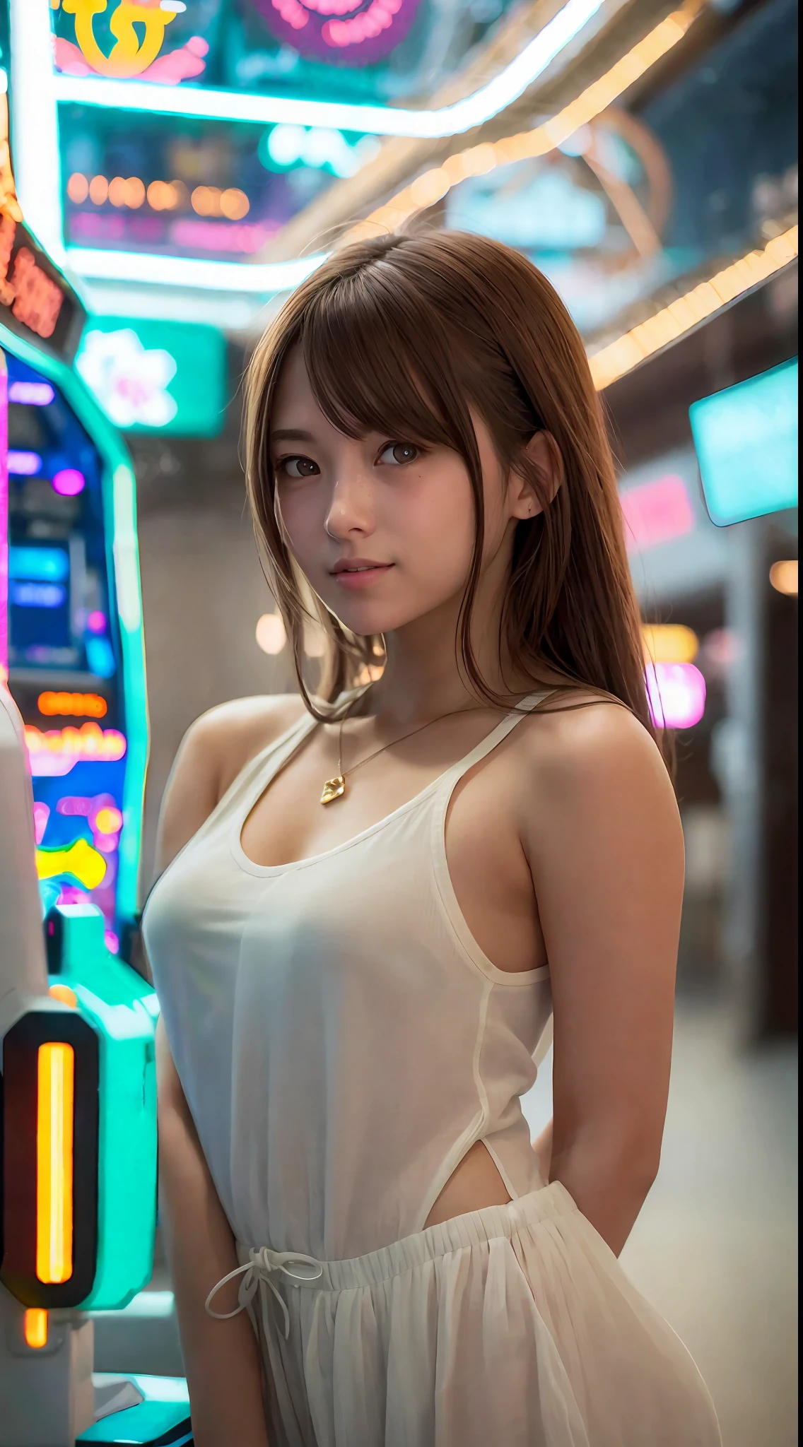 high resolution,
1 beautiful young woman,
(soft saturation:1.3), (fair skin:1.2),
wearing a white clothes,
85mm lens,f/8.0,
background,
gyaru,
brown hair, dark eyes
BREAK
Upper body portrait of a smiling girl in an old-fashioned arcade.,
Bright and dim neon lighting enhances the depth of the scene.,
looking straight at you with serious eyes