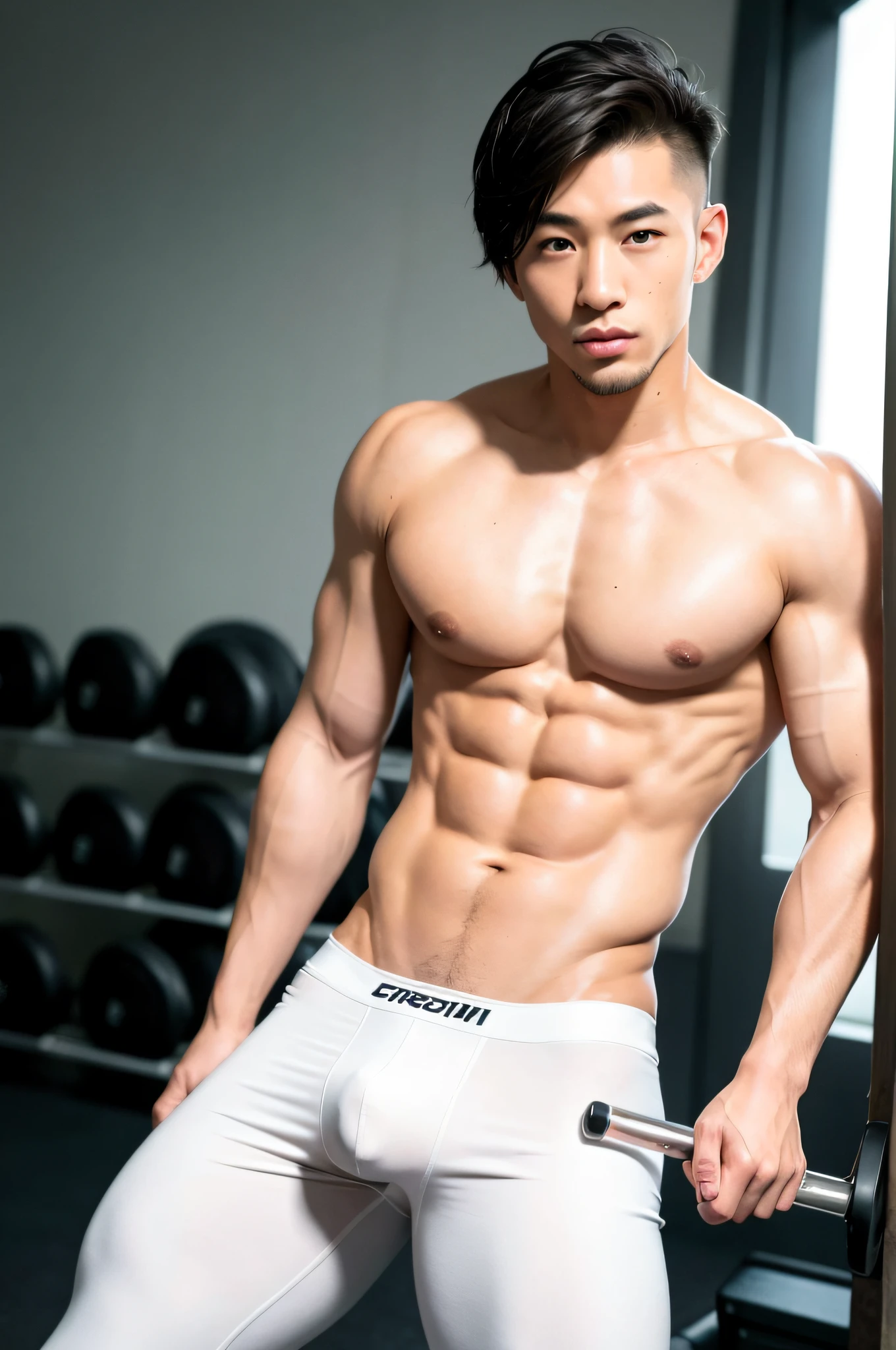 Handsome guy, 25 years old, Asian, master work, best picture quality, higher quality, high detail, super high resolution, 8k resolution, delicate facial features, boy, big muscles, tattoos, glowing eyes, short hair, hair details, [[Look away, look to the side, emphasize homosexuality and pay attention to every detail , gym, white rubber pants, ((((crotch bulge))))) fitness equipment background