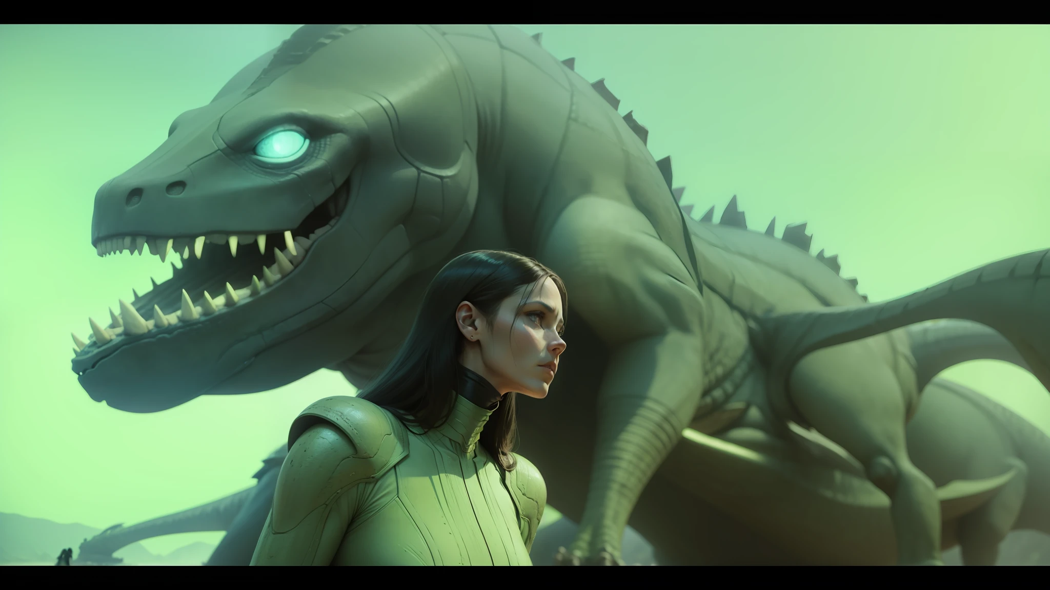 there is a woman standing in front of a giant dinosaur statue, frame from prometheus movie, scene from the movie prometheus, scene from prometheus movie, still from movie dune, movie still of the alien girl, still frame from prometheus, fantastic planet, an epic scifi movie still, epic scifi movie still, movie still of a alien cyborg --auto --s2