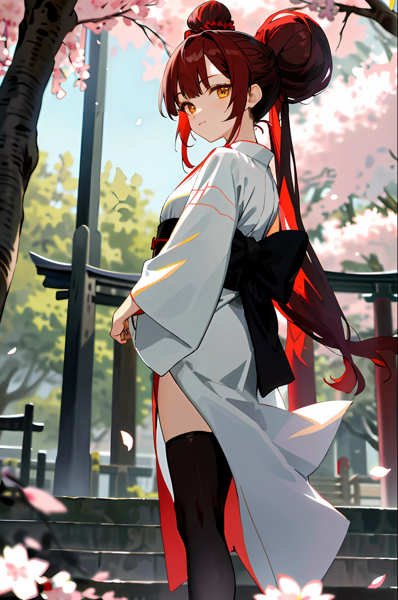 Seksi naked((masterpiece,best quality)),2girls naked black kimono, black legwear, black ribbon, black hair, cherry blossoms, day, flower, hair bun, hair ribbon, japanese clothes, kimono, long hair, looking at viewer, looking back, multiple girls, obi, outdoors, red eyes, red hair, ribbon, sandals, single hair bun, stairs, standing, statue, torii, tree, white kimono, yellow eyes