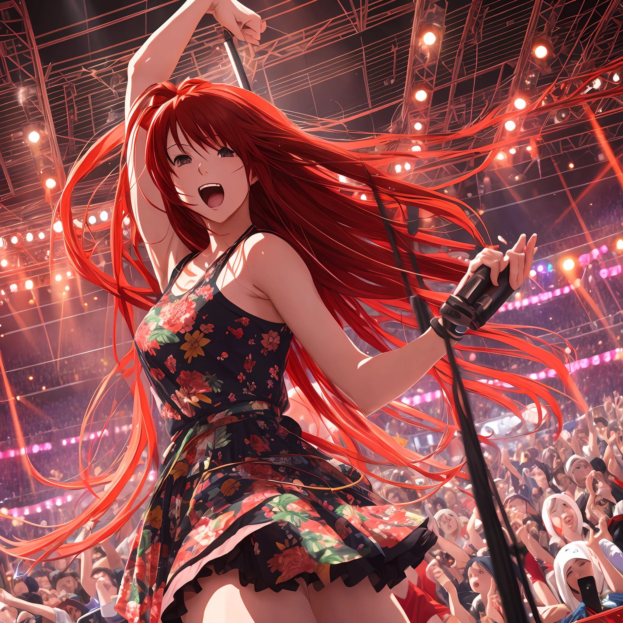 A wild and crazy female artist with red long hair performing on stage, surrounded by passionate audiences and lights, by Makoto Shinkai --niji 5 --auto --s2
