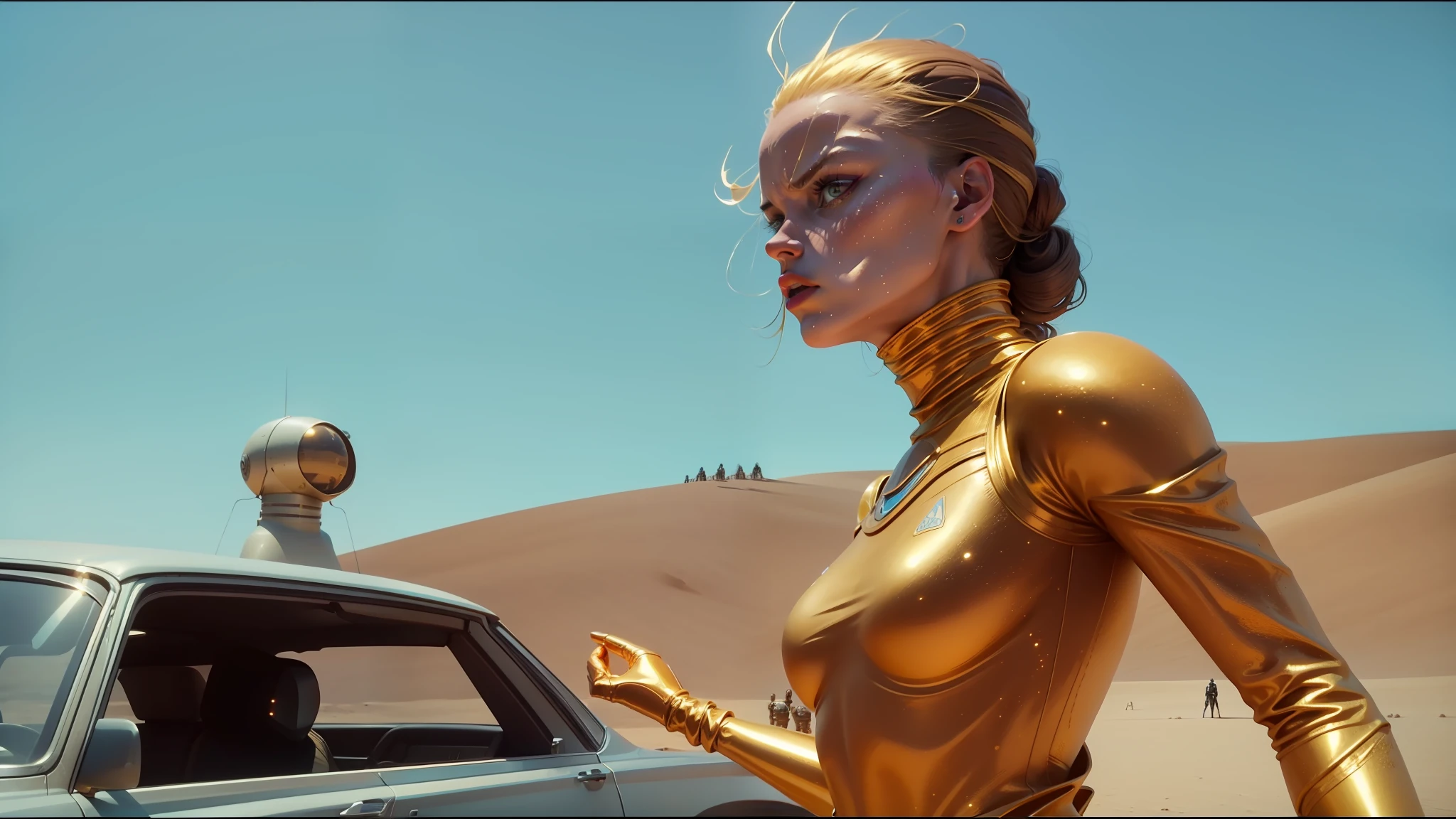 there is a woman in a gold bodysuit standing next to a car, still from a music video, die antwoord music video, film still from movie dune-2021, jean giraud 8 k, yoshimi versus the evil robots, still from movie dune, movie screenshot, as a retro futuristic heroine --auto --s2