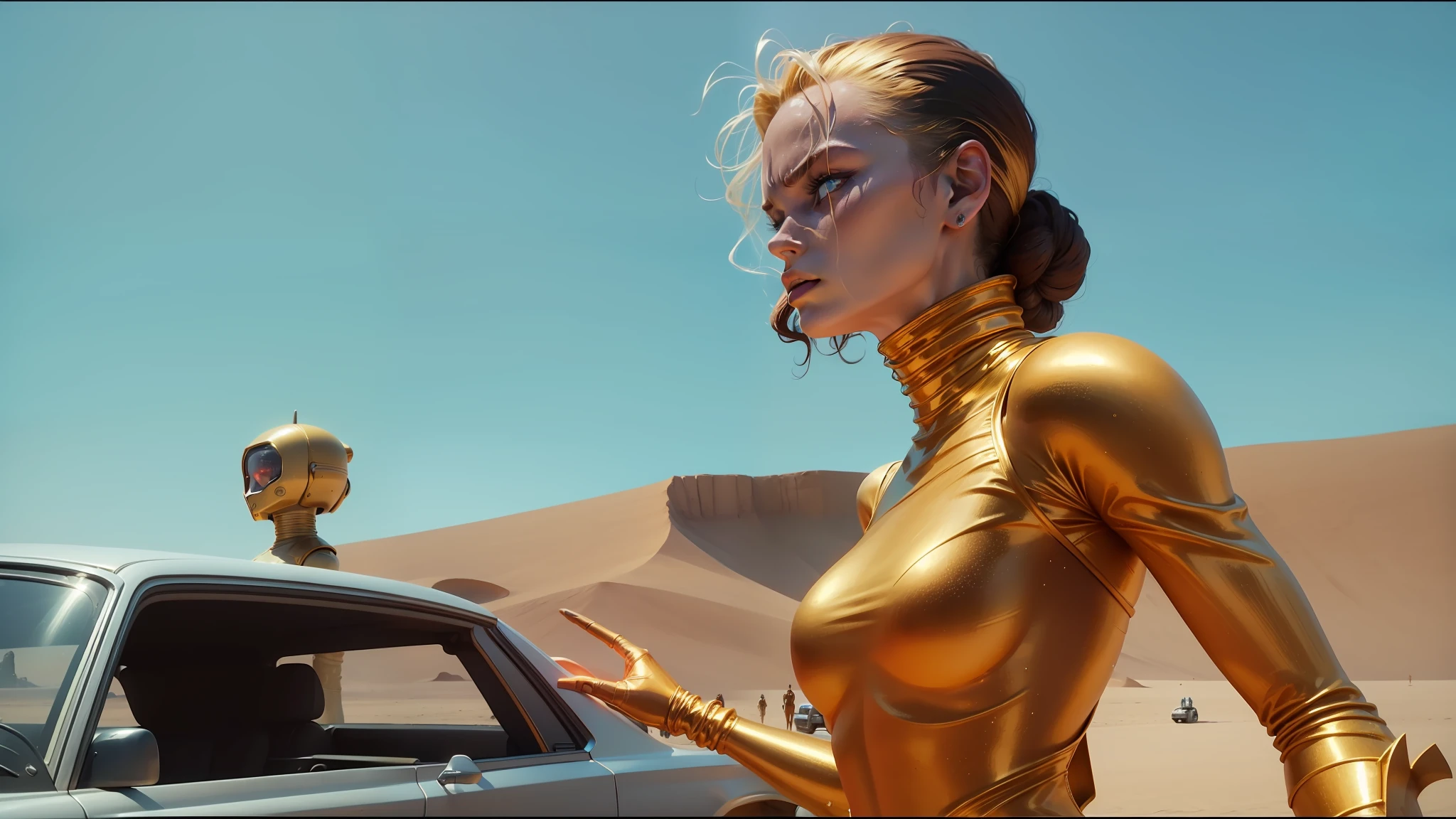 there is a woman in a gold  standing next to a car, still from a music video, die antwoord music video, film still from movie dune-2021, jean giraud 8 k, yoshimi versus the evil robots, still from movie dune, movie screenshot, as a retro futuristic heroine --auto --s2