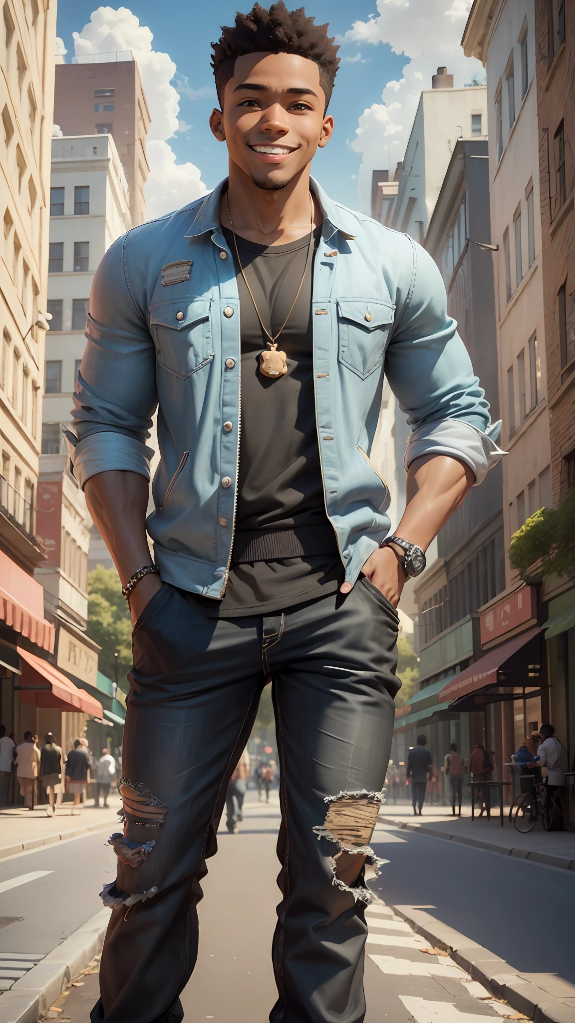 3D cartoon character holding a small bear, in a city street, black boy, (detailed facial affections)(((baby))), movie art, clean shot, ghailan!, like a pixar character, handsome young man , afro, grace and blessing, (((cute smile))), rendered in unreal, movie promo image, rendered image --auto --s2