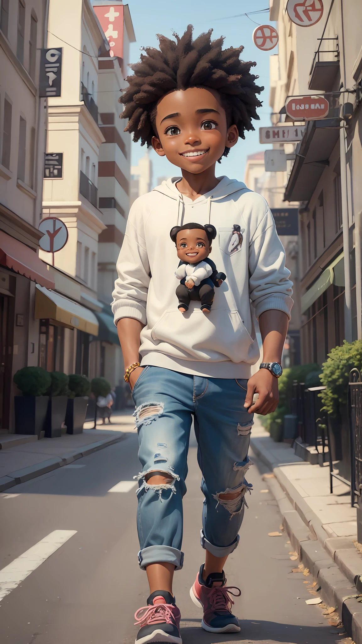3D cartoon character holding a small bear, in a city street, black boy, (detailed facial affections)(((baby))), movie art, clean shot, ghailan!, like a pixar character, handsome young man , afro, grace and blessing, (((cute smile))), rendered in unreal, movie promo image, rendered image --auto --s2