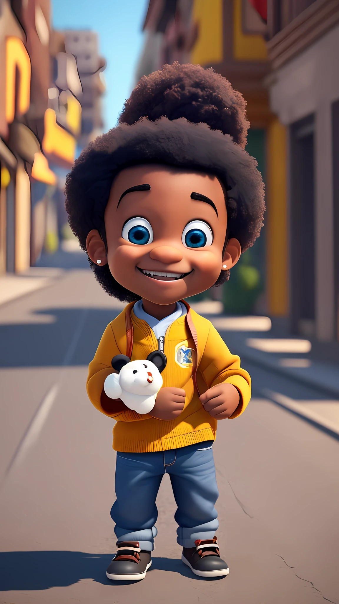 3D cartoon character holding a small bear, in a city street, black boy, (detailed facial affections)((())), movie art, clean shot, ghailan!, like a pixar character, handsome young man , afro, grace and blessing, (((cute smile))), rendered in unreal, movie promo image, rendered image --auto --s2