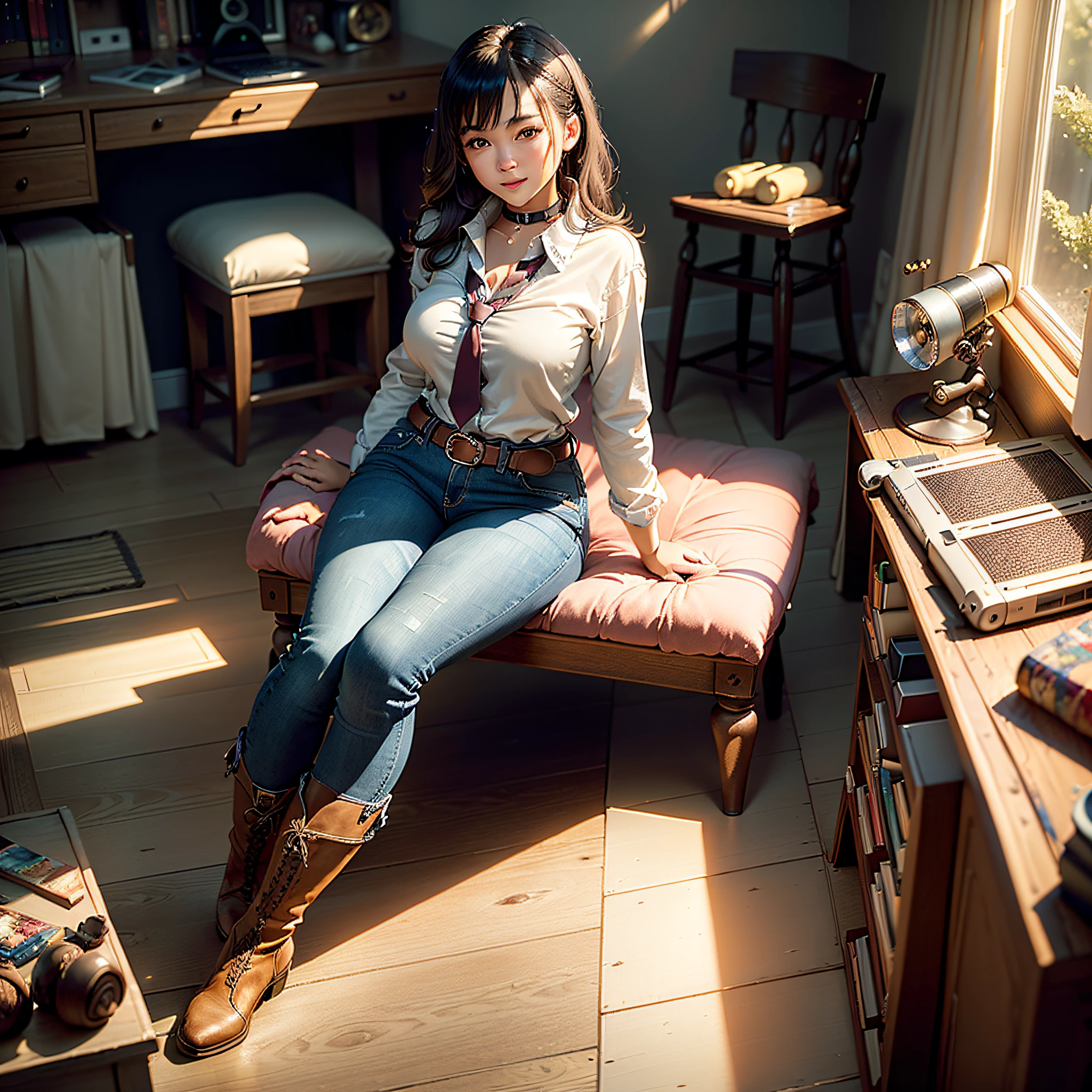 (Masterpiece, highest quality, highest resolution, distinct_image, highly elaborate CG, cinematic lighting, ray tracing, drop shadows, detailed detail, (photorealistic: 1.4), high quality textures, fine-grained, realistic face expressions): (single girl, face is Japan, small size breasts, sparkling eyes, eye level shot, light smile, beauty, slim body, holiday, bedroom, console games, computer, jeans, long boots, shirt with collar, radio, coffee, model train, bookshelf, chair, pot, fan, painting, stuffed animal, tie)