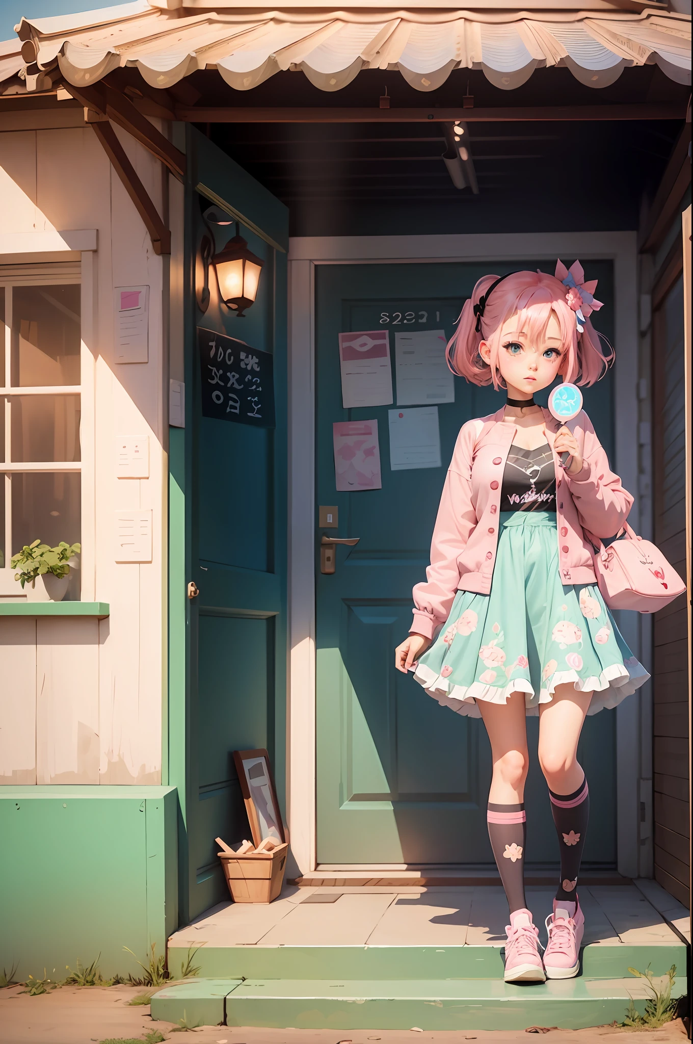 Anime girl with pink hair and blue eyes holding a fan, cute digital art, cute detailed digital art, cute anime outer house wearing beautiful clothes, cute anime girl, cute digital painting, anime style. 8k, cute anime, anime style 4k, cute art style, guvez style artwork, kawaii realistic portrait, anime style digital art, full body, chibi --auto --s2