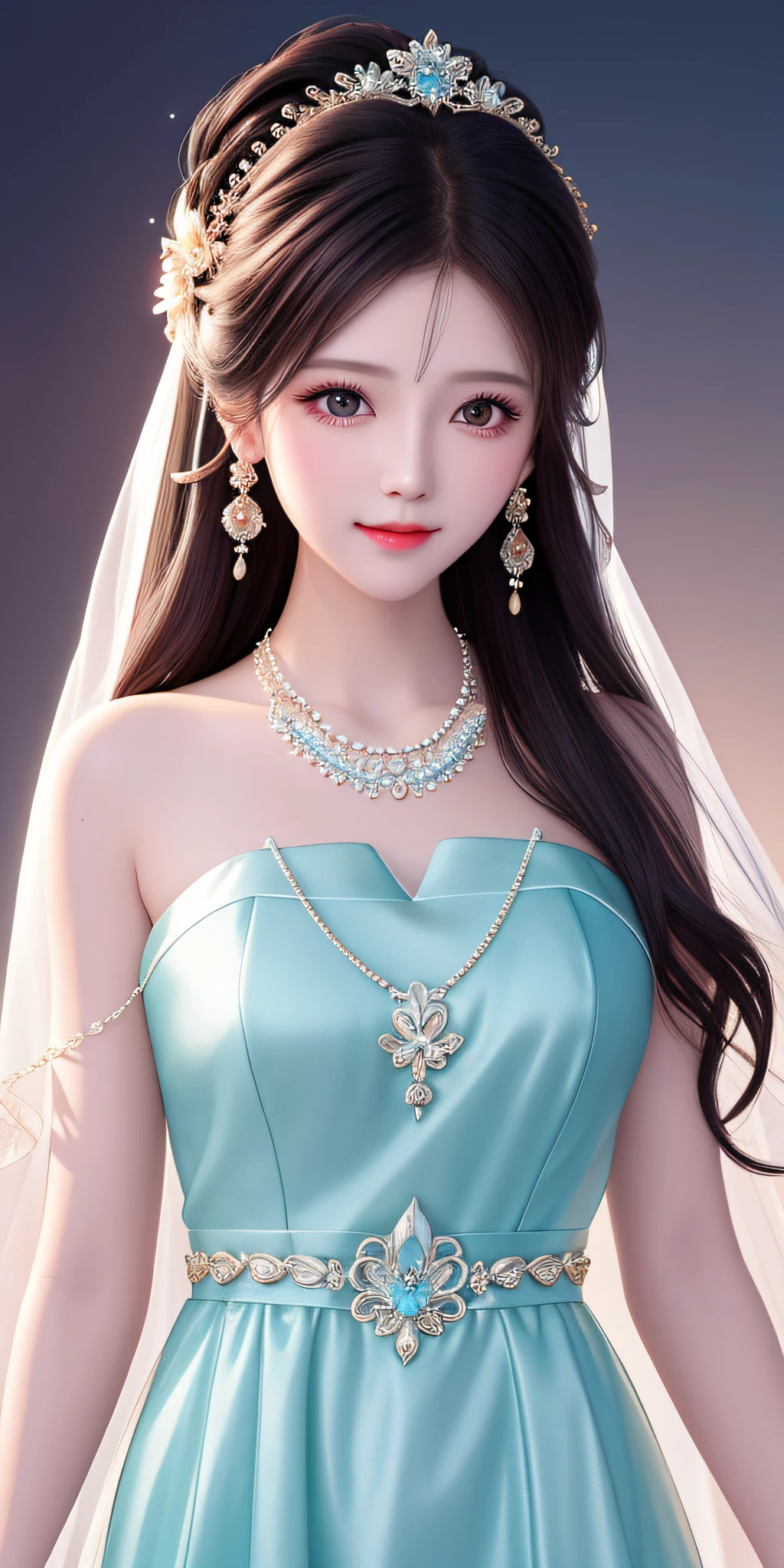 Best Quality, Masterpiece, High Resolution, 1girl, Clear Silk Porcelain Dress, Pretty Face, Hair Accessories, Look at the Audience, Smile, Close Mouth, Lips, Dress, Hair Accessories, Necklaces, Jewelry, Long Hair, Earrings, Beautiful Face, Body, Tindal Effect, Realism, Shadow Studio, Edge Lighting, Two-Color Lighting, (High Detail Skin: 1.2), 8k UHD, DSLR, Soft Light, High Quality, Volume Lighting, Photo, High Resolution 4K, 8k, Blurred Background