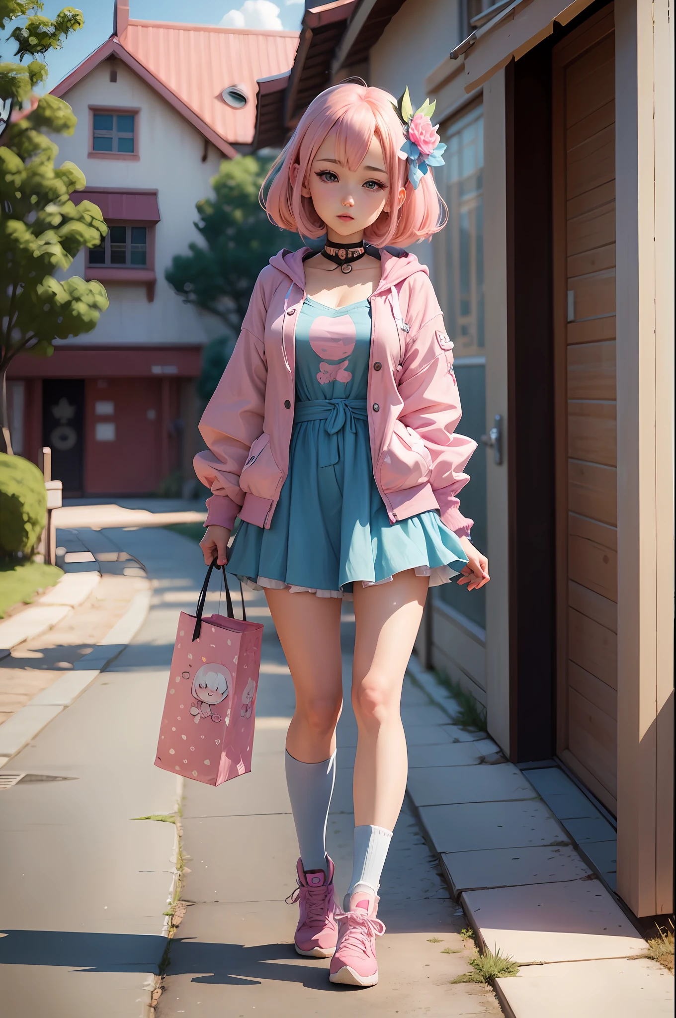 Anime girl with pink hair and blue eyes holding a fan, cute digital art, cute detailed digital art, cute anime outer house wearing beautiful clothes, cute anime girl, cute digital painting, anime style. 8k, cute anime, anime style 4k, cute art style, guvez style artwork, kawaii realistic portrait, anime style digital art, full body, chibi --auto --s2