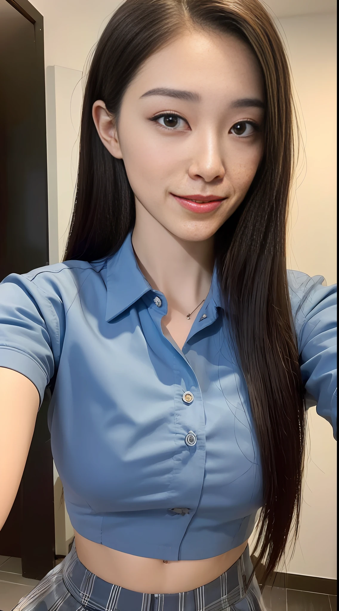 ((Best Quality, 8K, Masterpiece: 1.3)), 1girl, Slim Abs Beauty: 1.3, (Hairstyle Casual, Big Breasts), Uniform: 1.1, Super Fine Face, Fine Eyes, Double Eyelids, Smile, Home