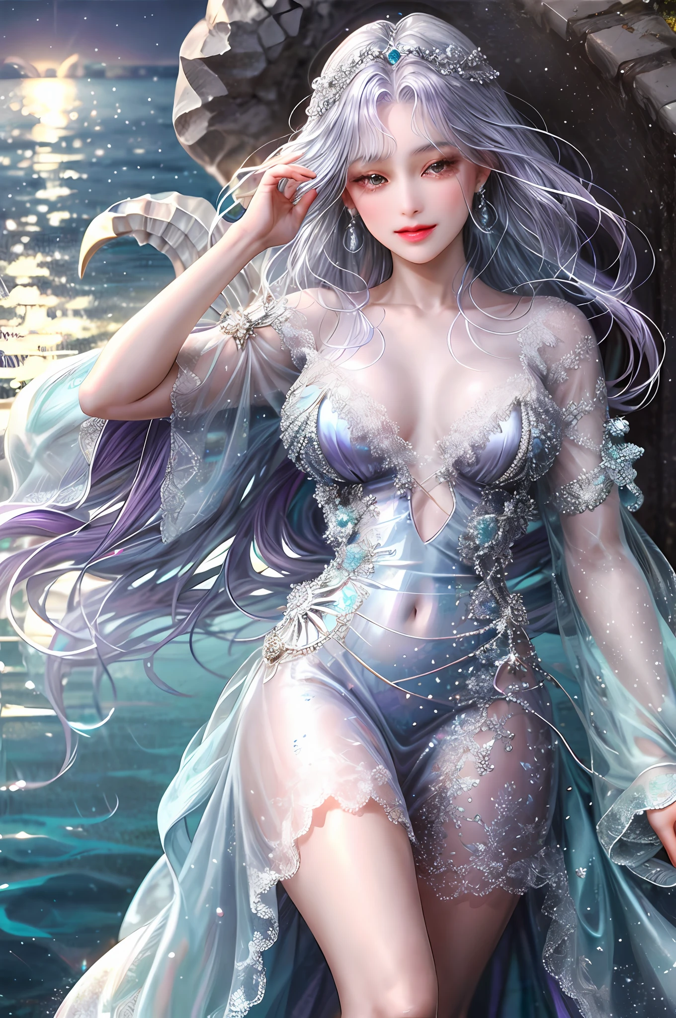 ( High quality , ultra detailed to hand )Zodiac-scorpio goddess , similar to latin goodness , cute but sexy face , purple-silver hair , transparent dress , in the ocean with moonlight , whole body ,