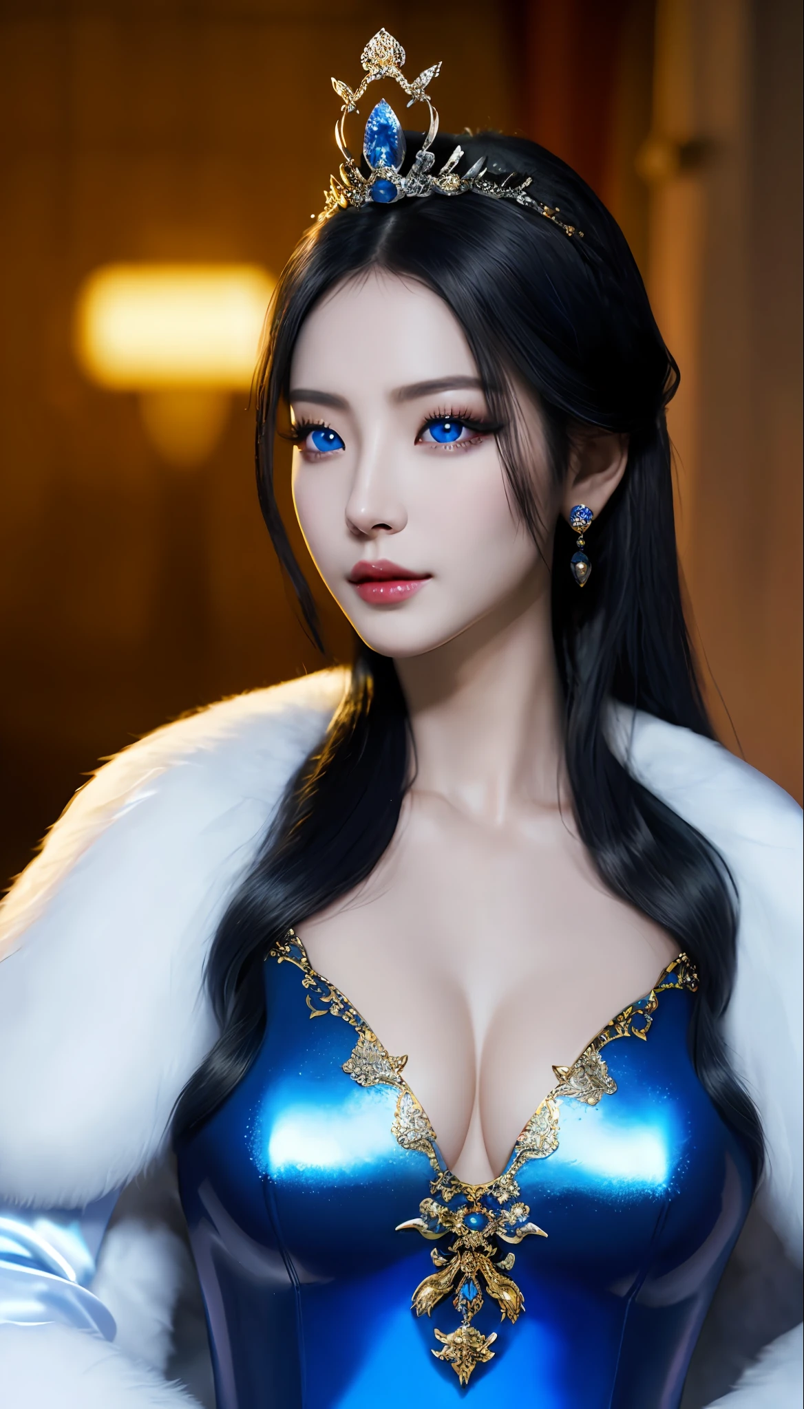 The Dragon Empress (1 woman, long black hair, blue eyes, white skin, medium breasts, makeup, lots of shine, dark eyelashes, dark shadow, perfect nose), old Korea, priestly temples, shoulders showing, onepiece , tight, neckline, long earring, masterpiece, best quality, 8k, sharp focus, chromatic aberration, best shadows, perfect lights, HDR, realistic skin texture, hyper detailed background, photorealistic,  RAW photo, shiny body, insanely detailed, sexy : 1.5, royal tiara, long gloves