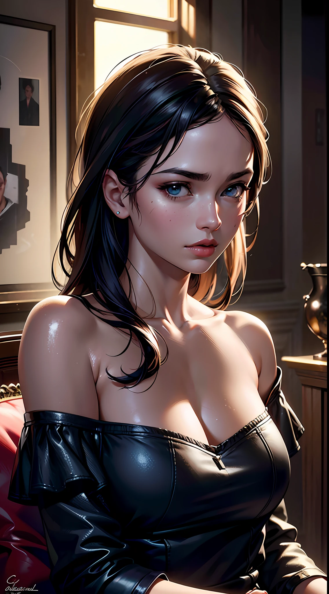 Best quality, masterpiece, ultra high res, (photorealistic:1.4), raw photo, 1girl, off shoulder, cinematic lighting