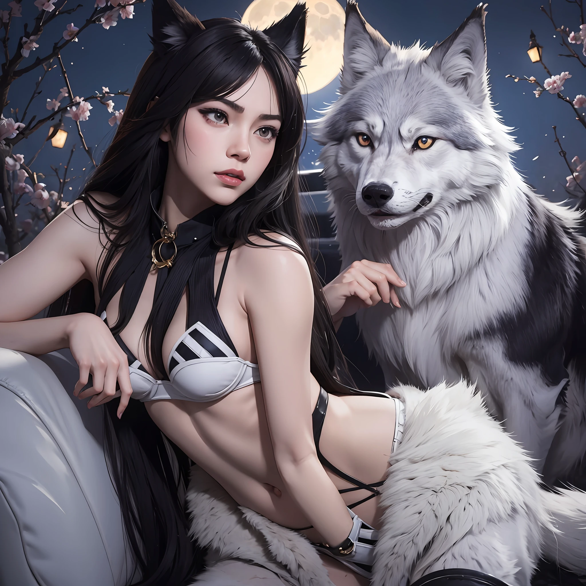 Anime, wolf ears and tail, black hair, moon