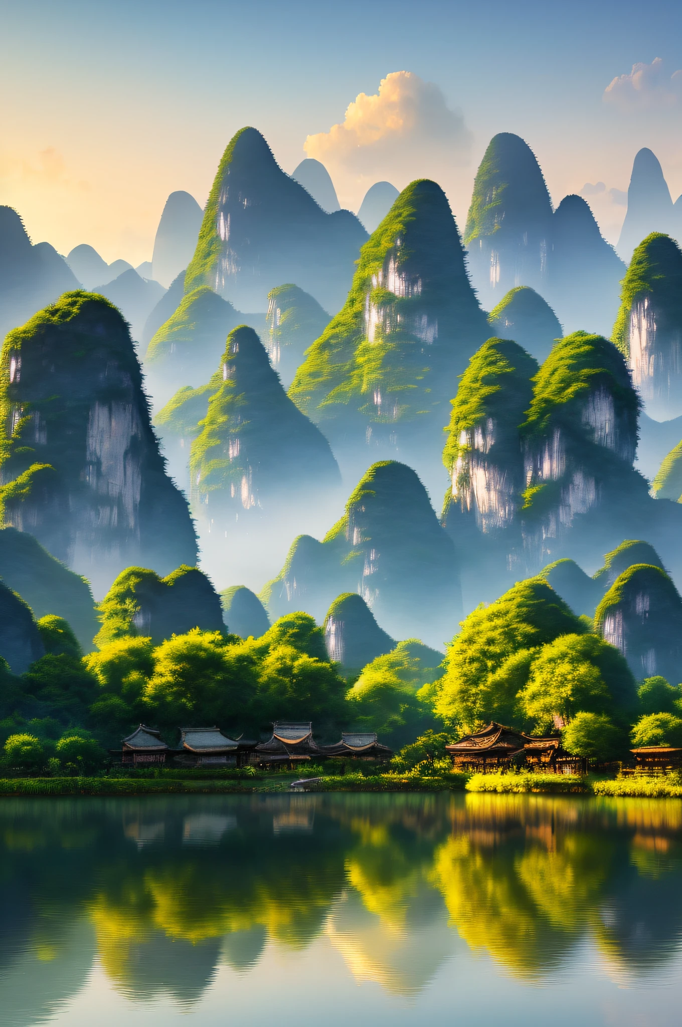 Masterpiece, best quality, extremely beautiful reflection, best reflection. (Very detailed CG 8K wallpaper), (best quality), (best illustration), (best shadow), landscape pictures of Guilin, photorealistic and early morning.