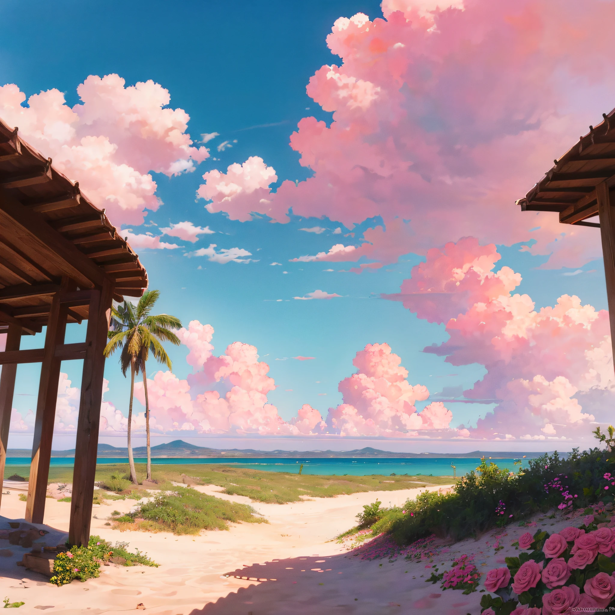Summer, desert, sea, ((no house)), pink clouds, a land overgrown with roses, James Gurney, art station rendering, ultra-wide lens, high definition