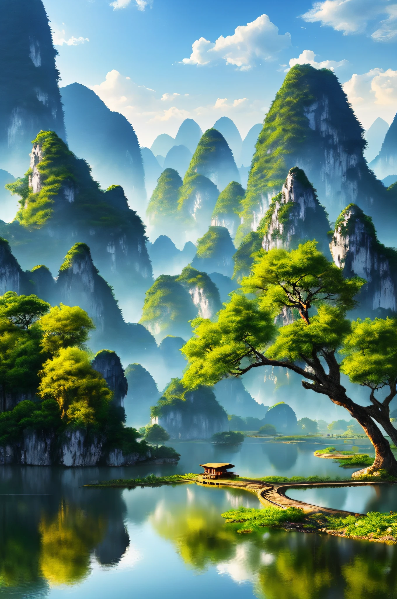 Masterpiece, best quality, extremely beautiful reflection, best reflection. (Very detailed CG 8K wallpaper), (best quality), (best illustration), (best shadow), landscape pictures of Guilin, photorealistic and early morning.