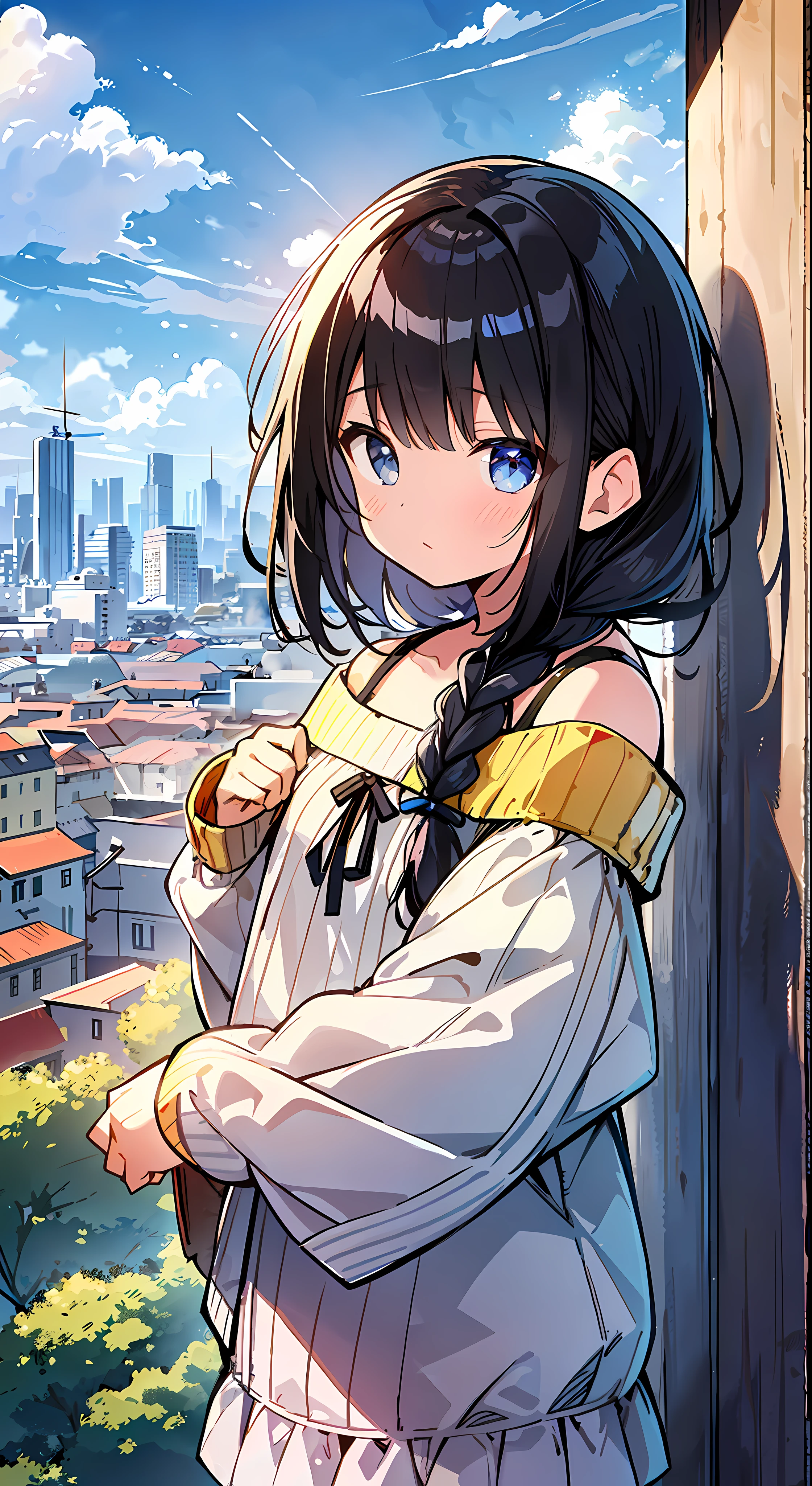 Top Quality, Masterpiece, Ultra High Resolution, 8k, Yellow Sweater, Anime Style Little Loli, Single, Ultra Detailed Line Art, Digital Enhancement, Anime Core, Flowing Fabric, Close Up, ((Hair length to shoulder and short braid)), staring at me from the front, Soft drawing, Beautiful black hair, Looks really weak, Clear eyes, Countryside cityscape